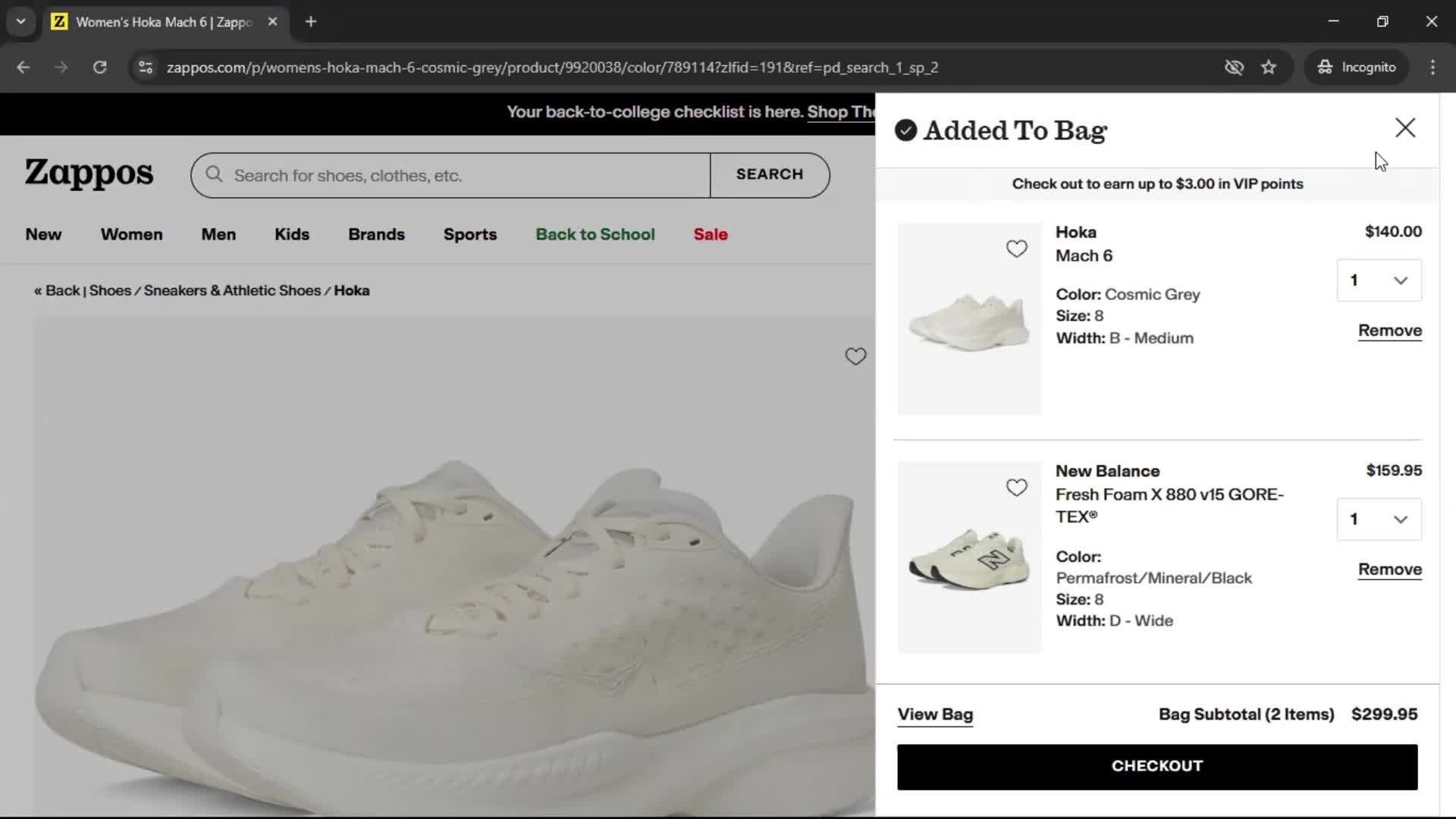 Adding to cart screenshot