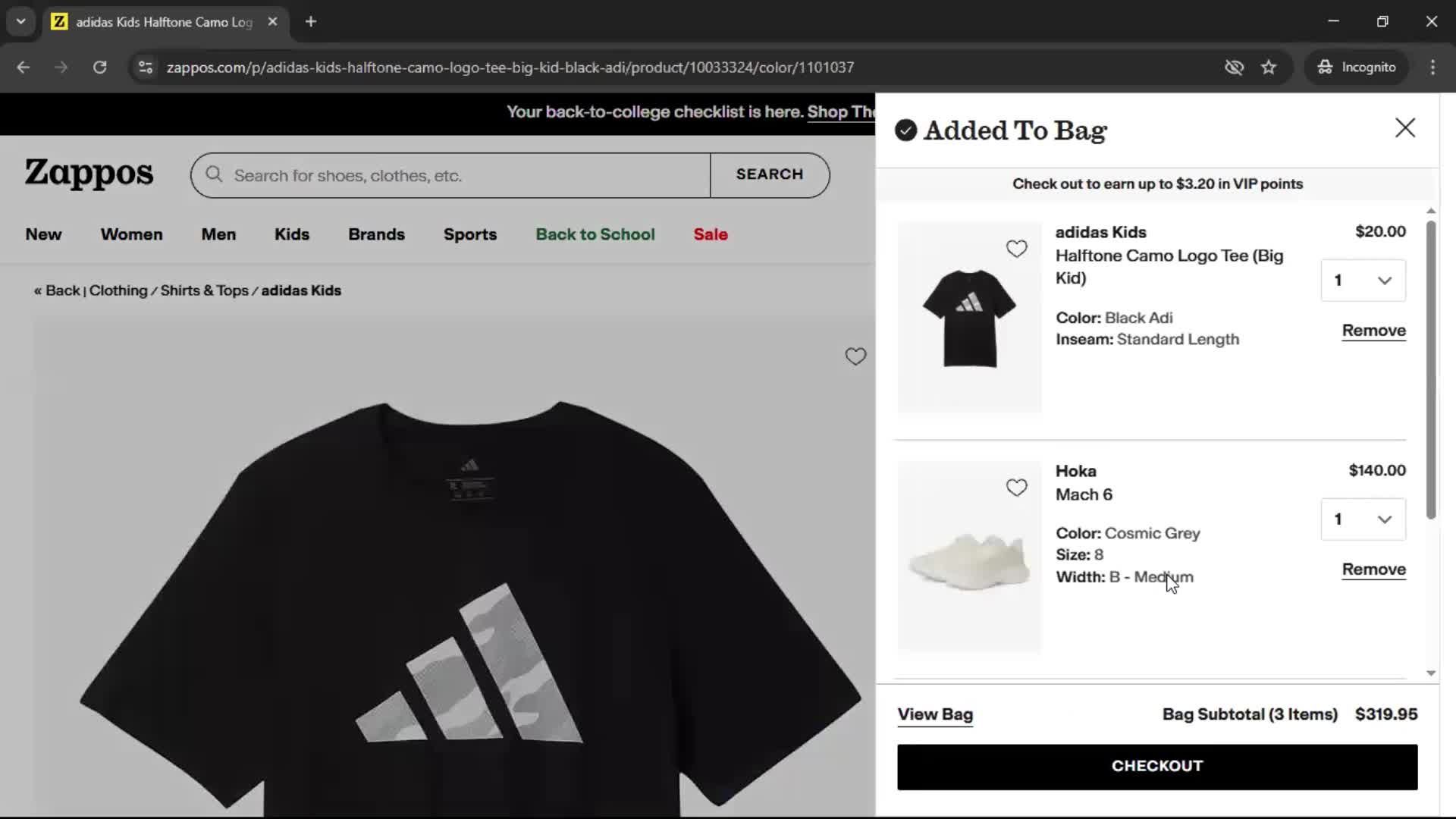 Adding to cart screenshot