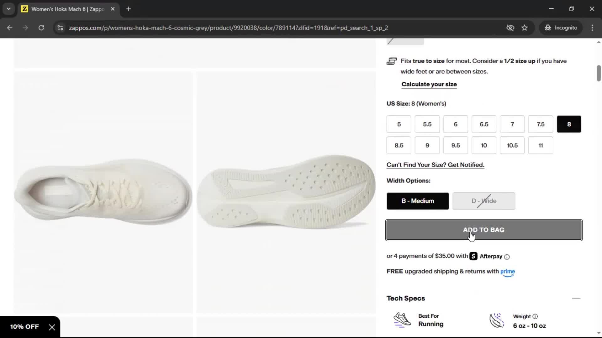 Adding to cart screenshot