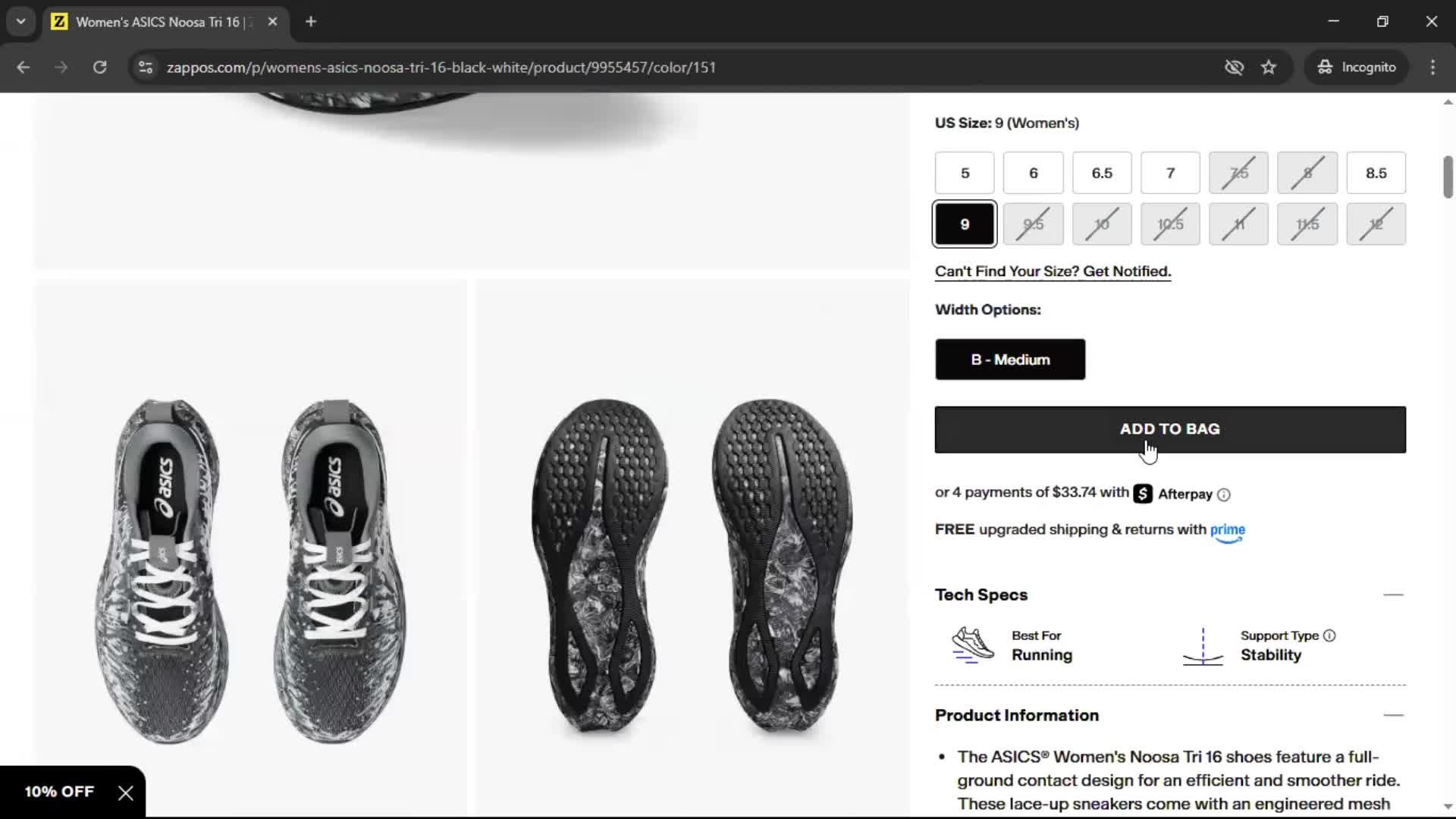 Adding to cart screenshot