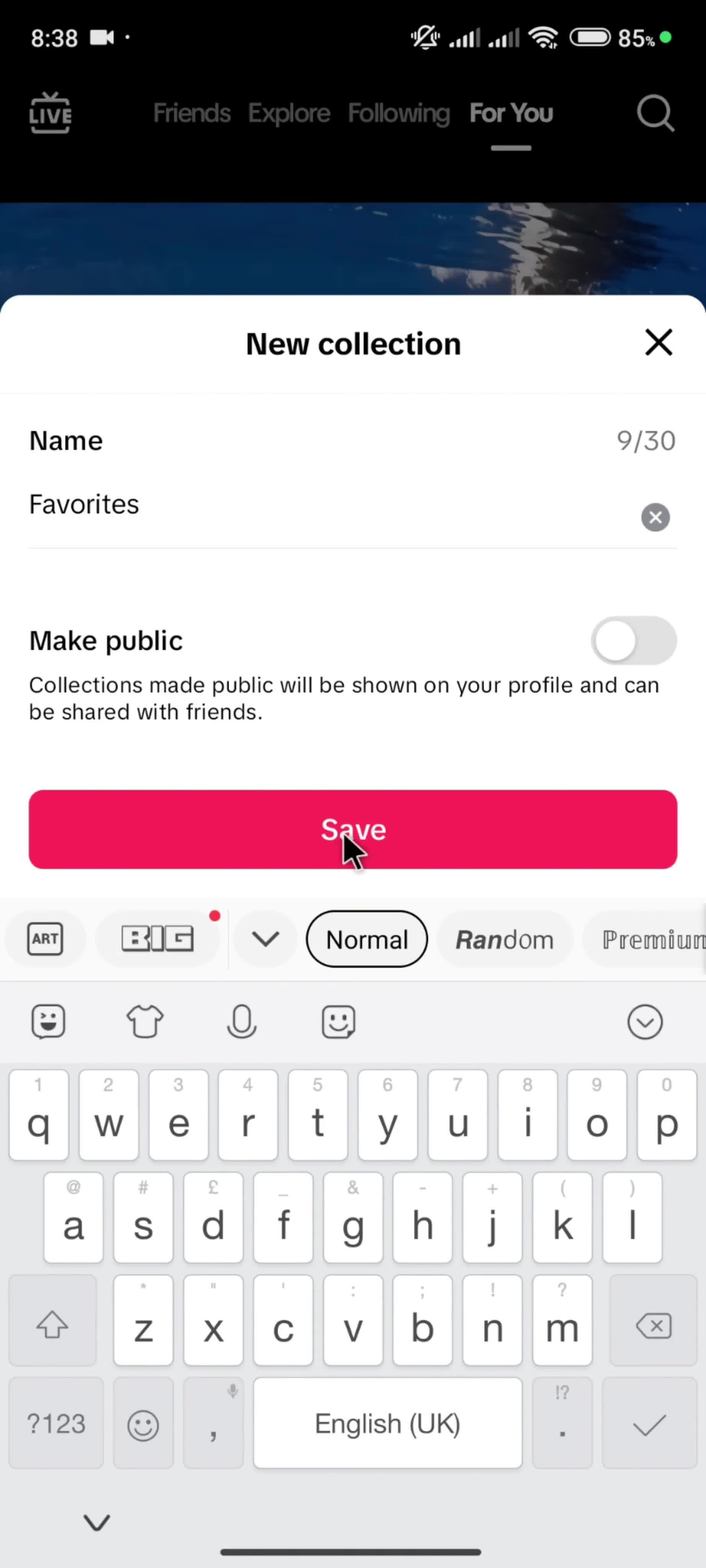 Adding to favorites on TikTok video thumbnail