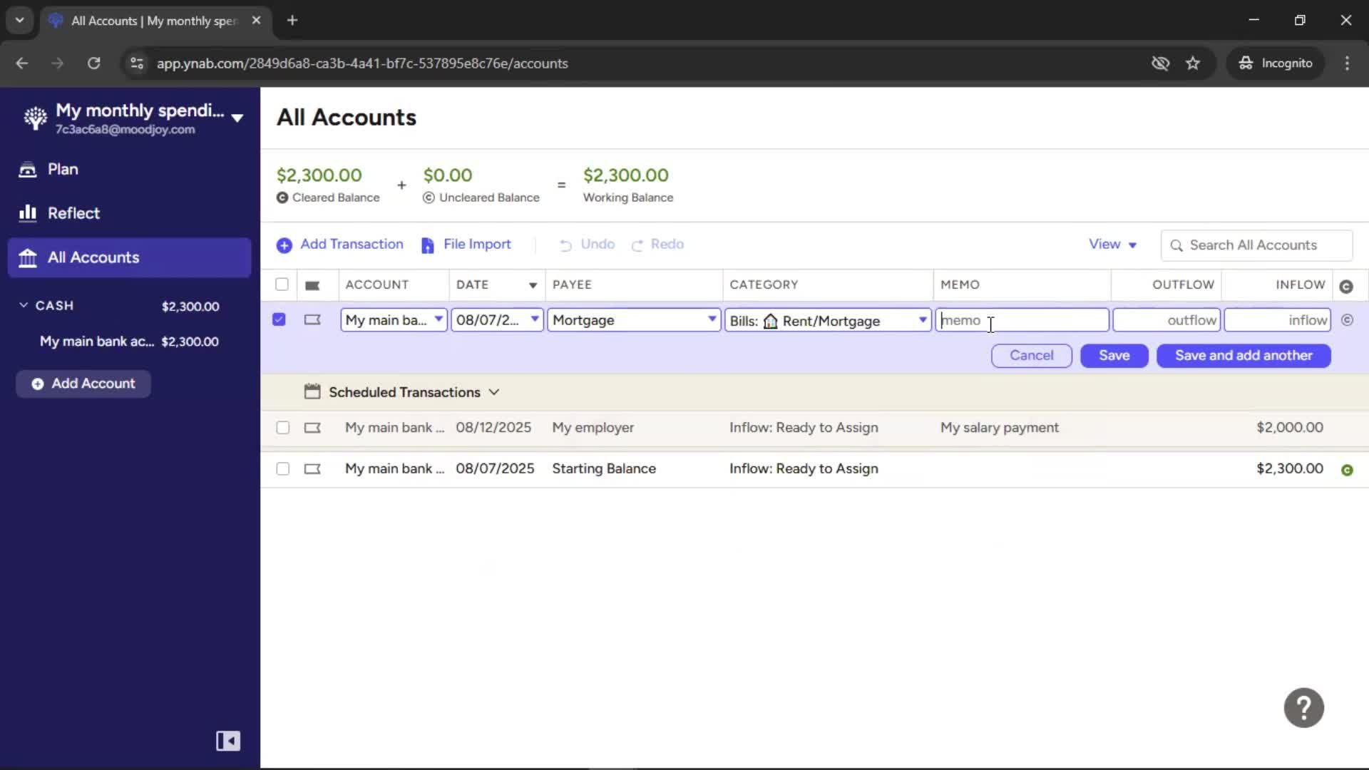 Adding transactions screenshot