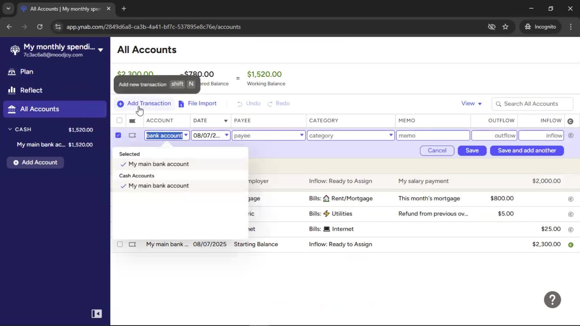 Adding transactions screenshot