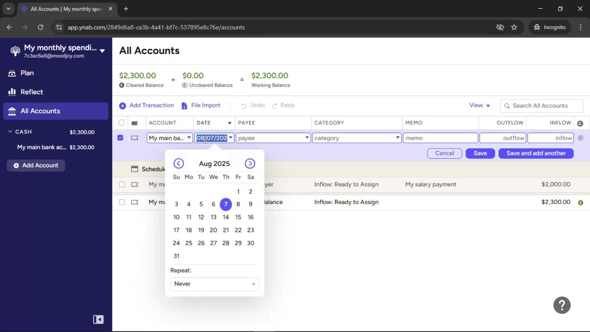 Adding transactions screenshot