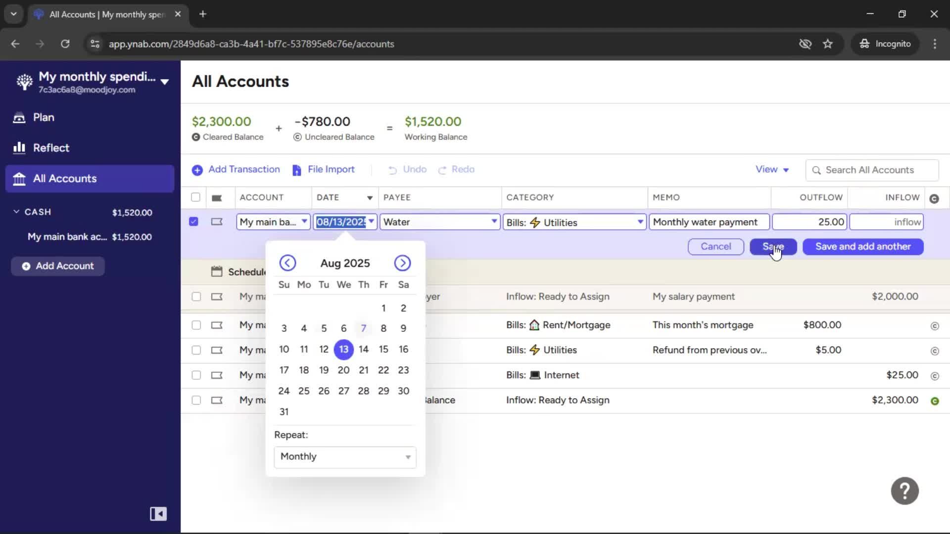 Adding transactions screenshot