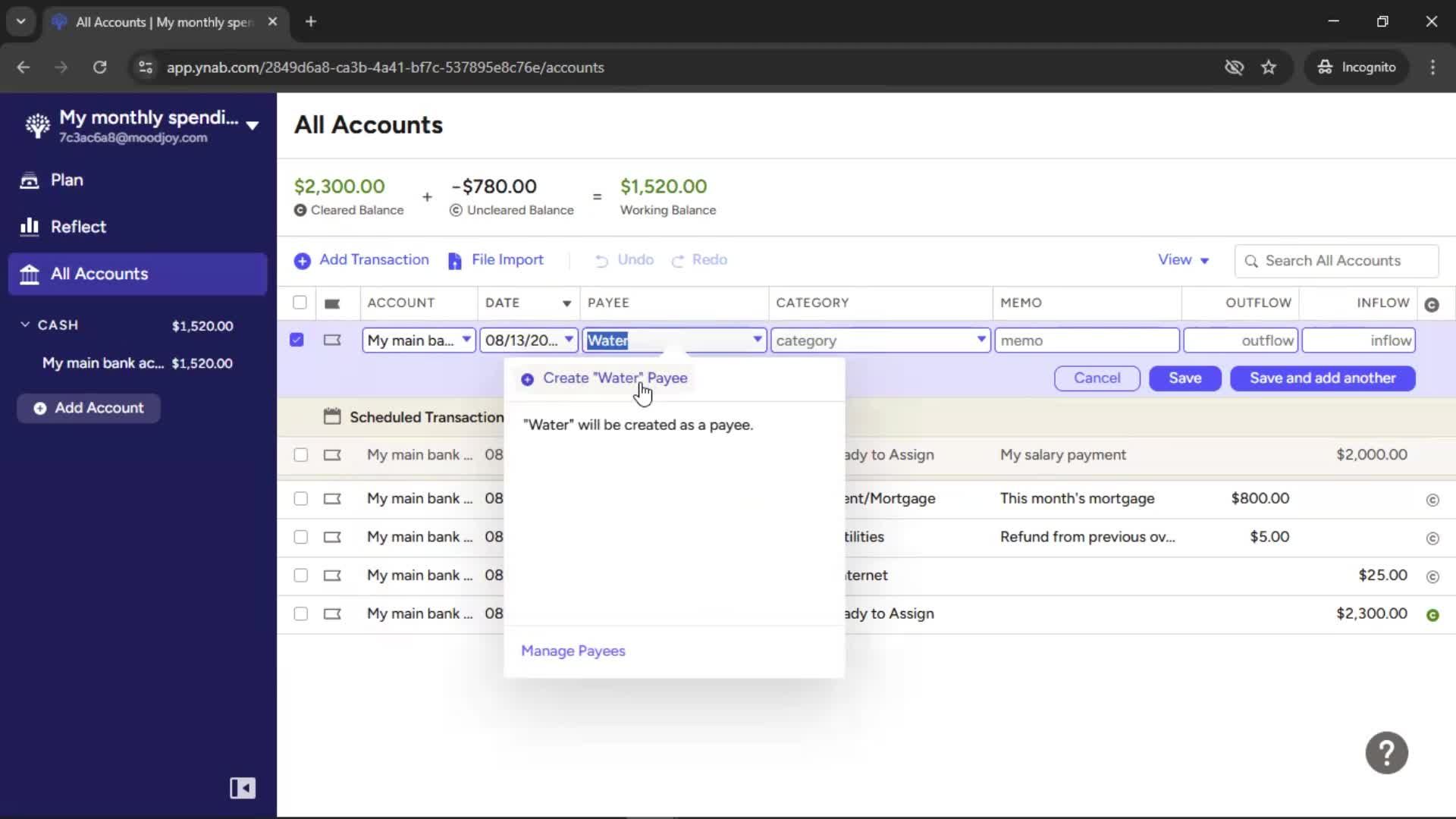 Adding transactions screenshot