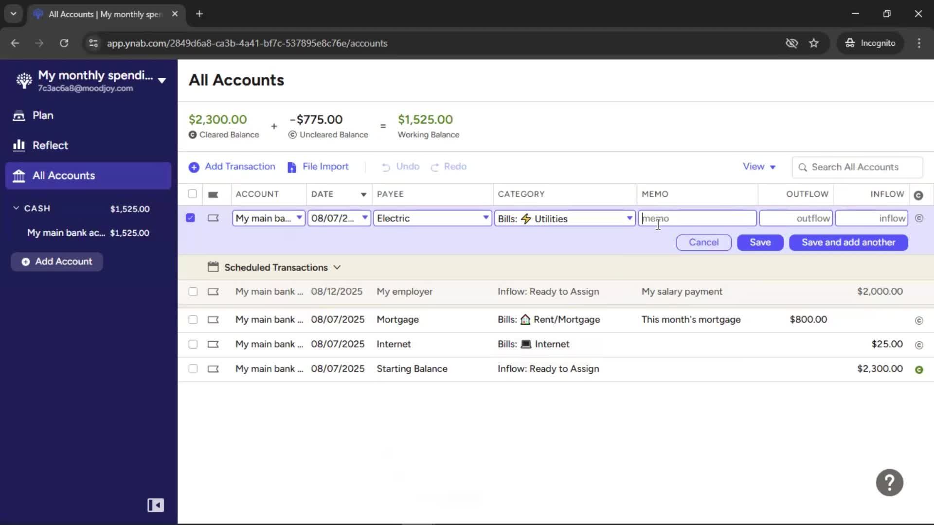 Adding transactions screenshot