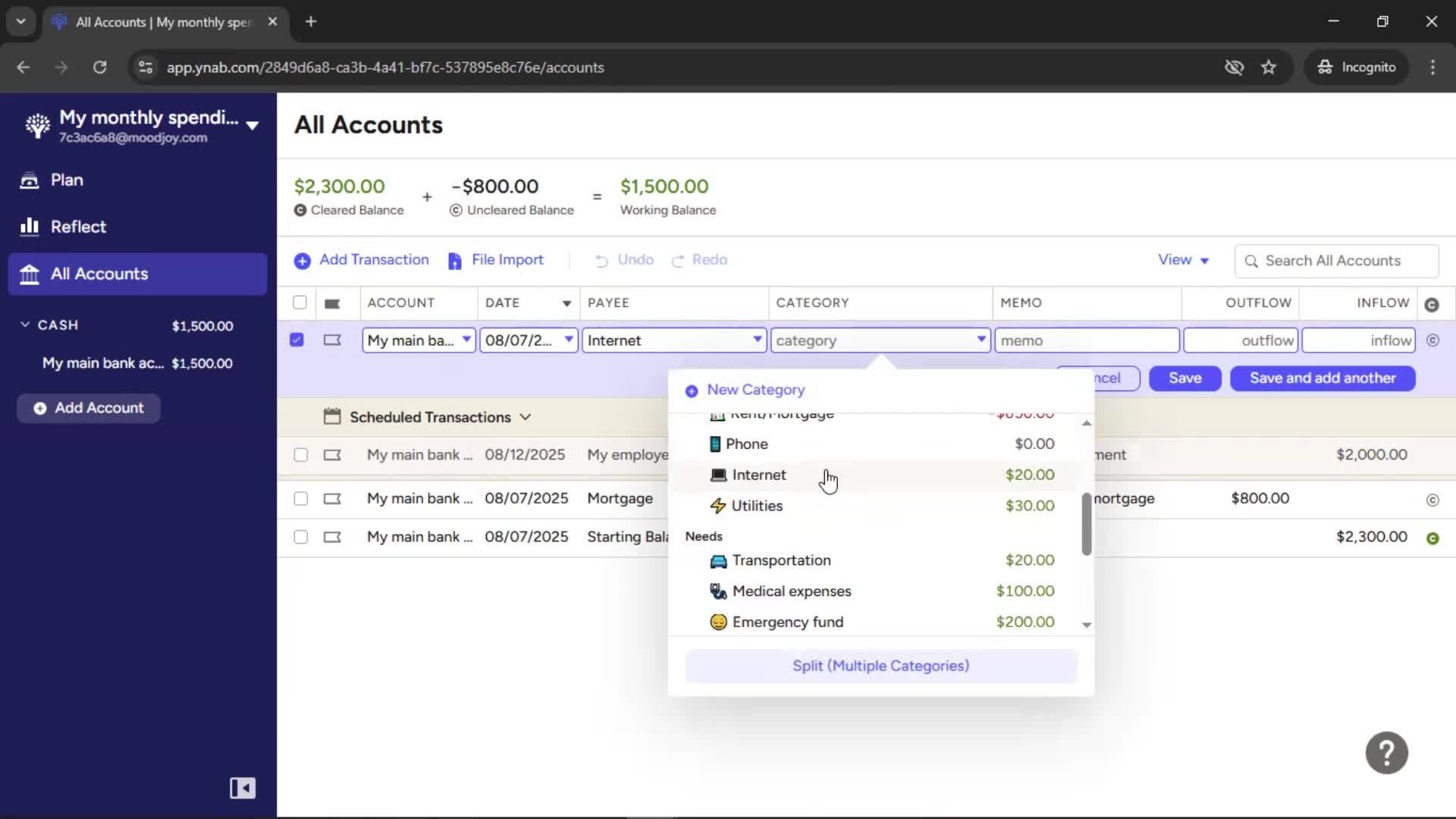 Adding transactions screenshot