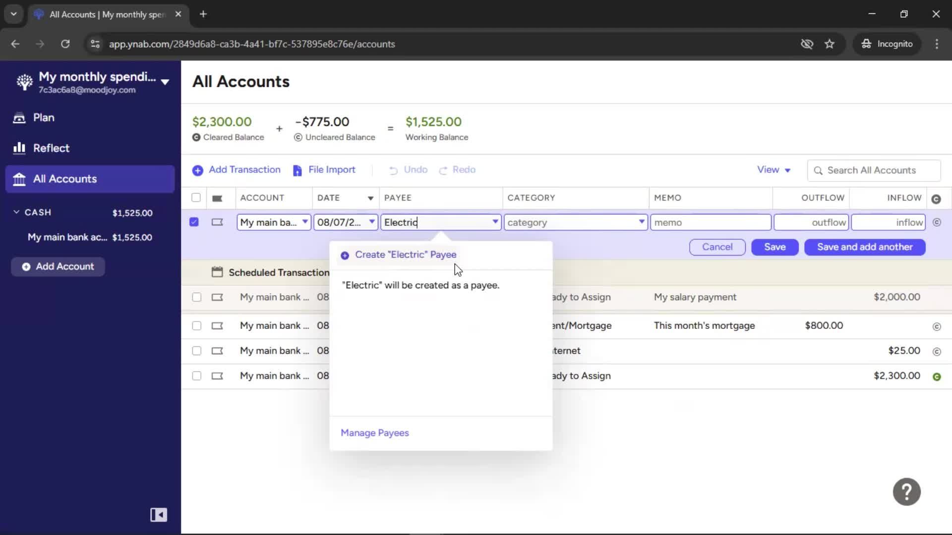 Adding transactions screenshot