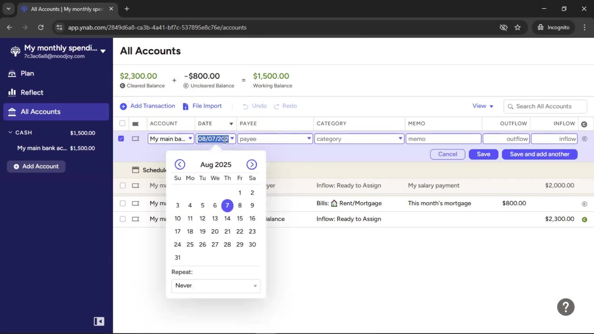 Adding transactions screenshot