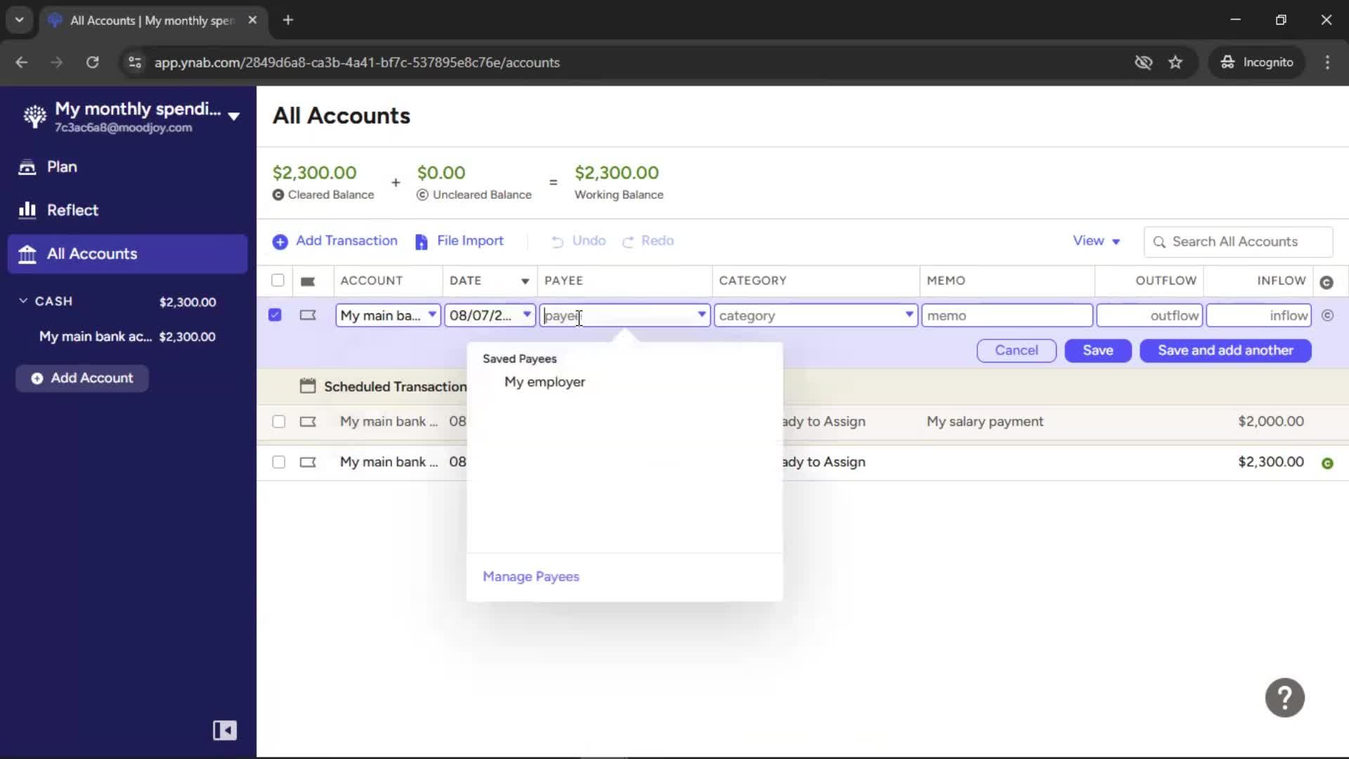 Adding transactions screenshot