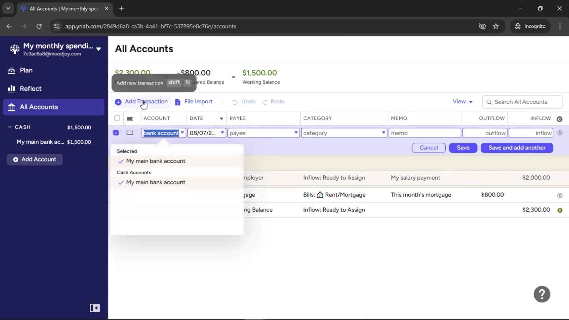 Adding transactions screenshot