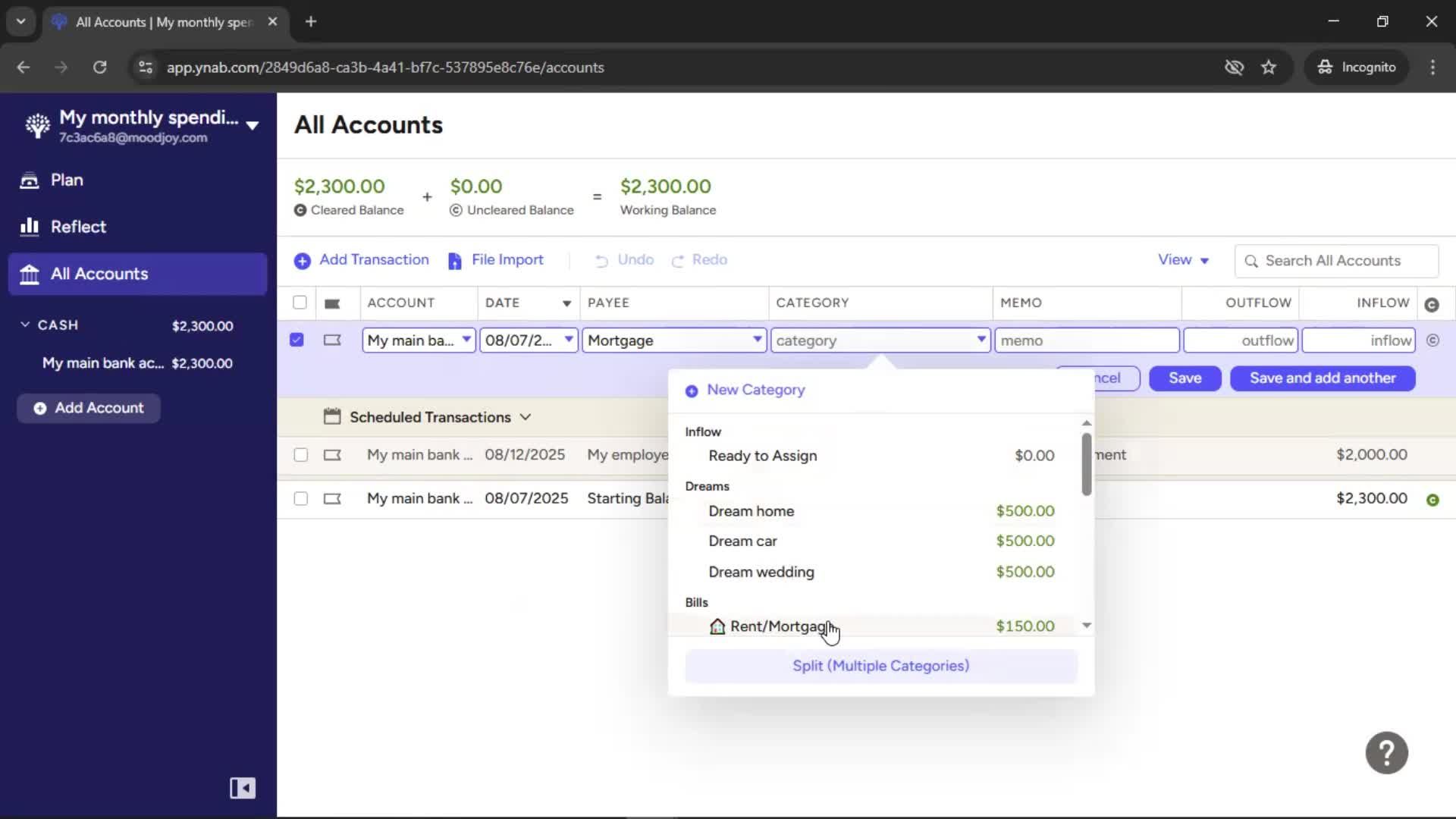 Adding transactions screenshot