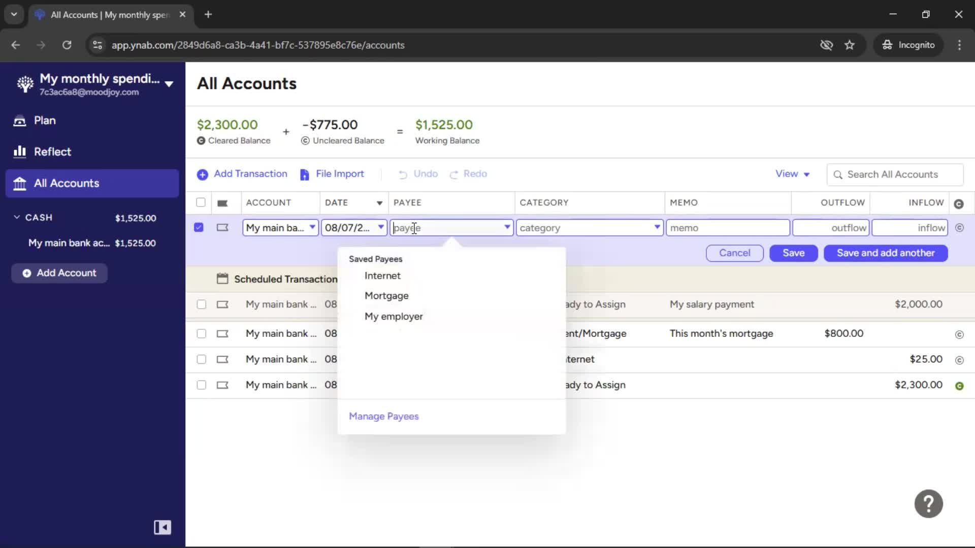 Adding transactions screenshot