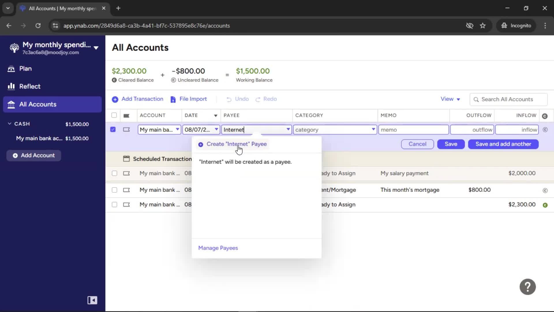 Adding transactions screenshot