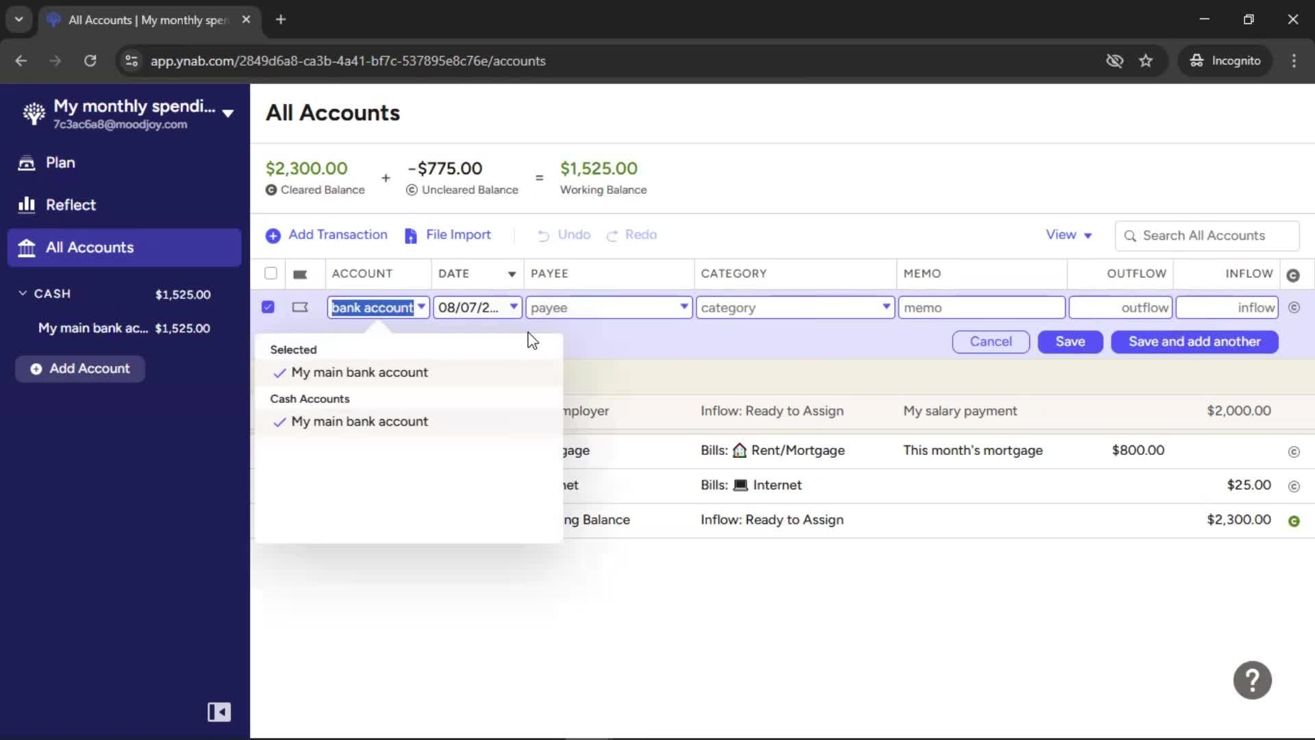 Adding transactions screenshot