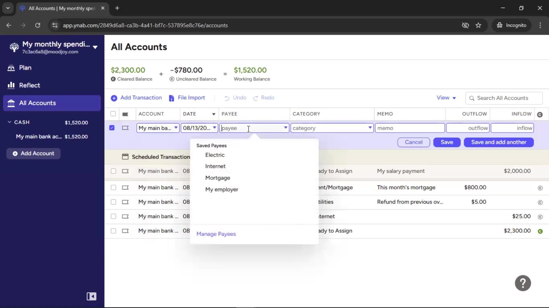 Adding transactions screenshot