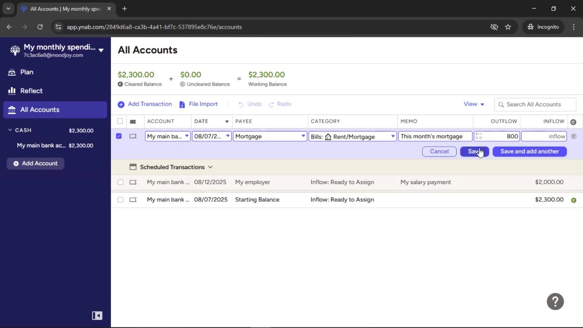 Adding transactions screenshot