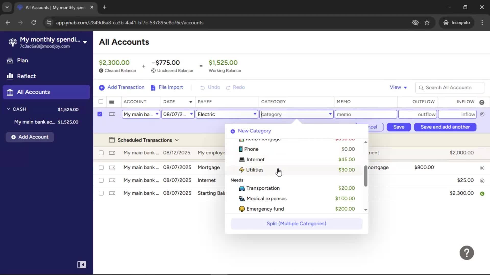 Adding transactions screenshot