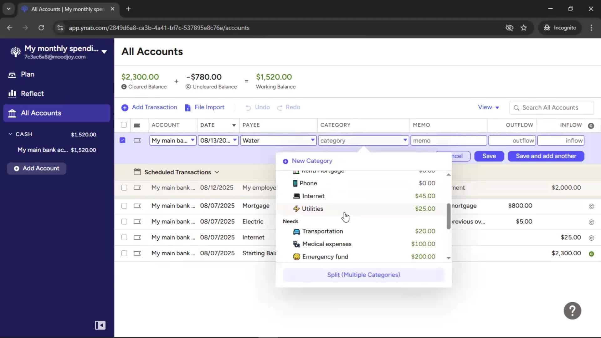 Adding transactions screenshot