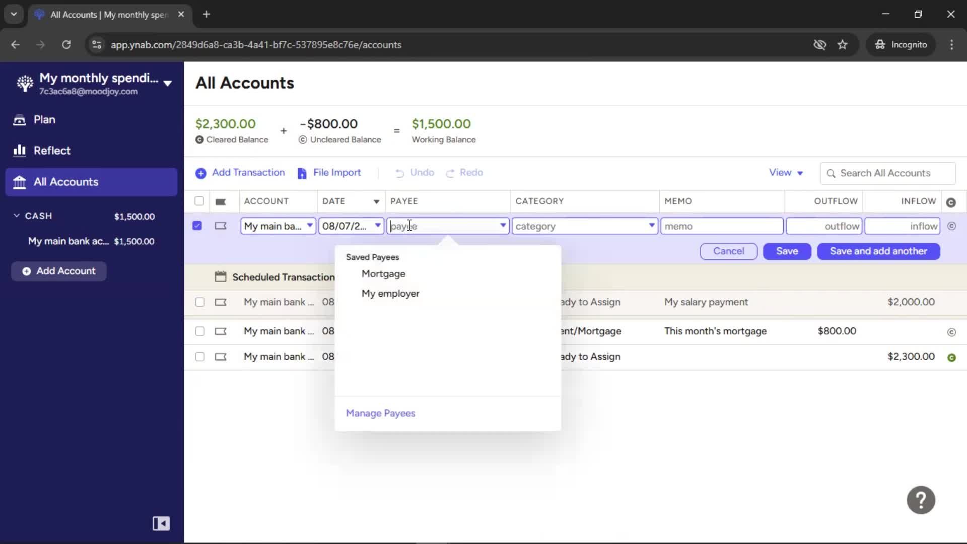 Adding transactions screenshot