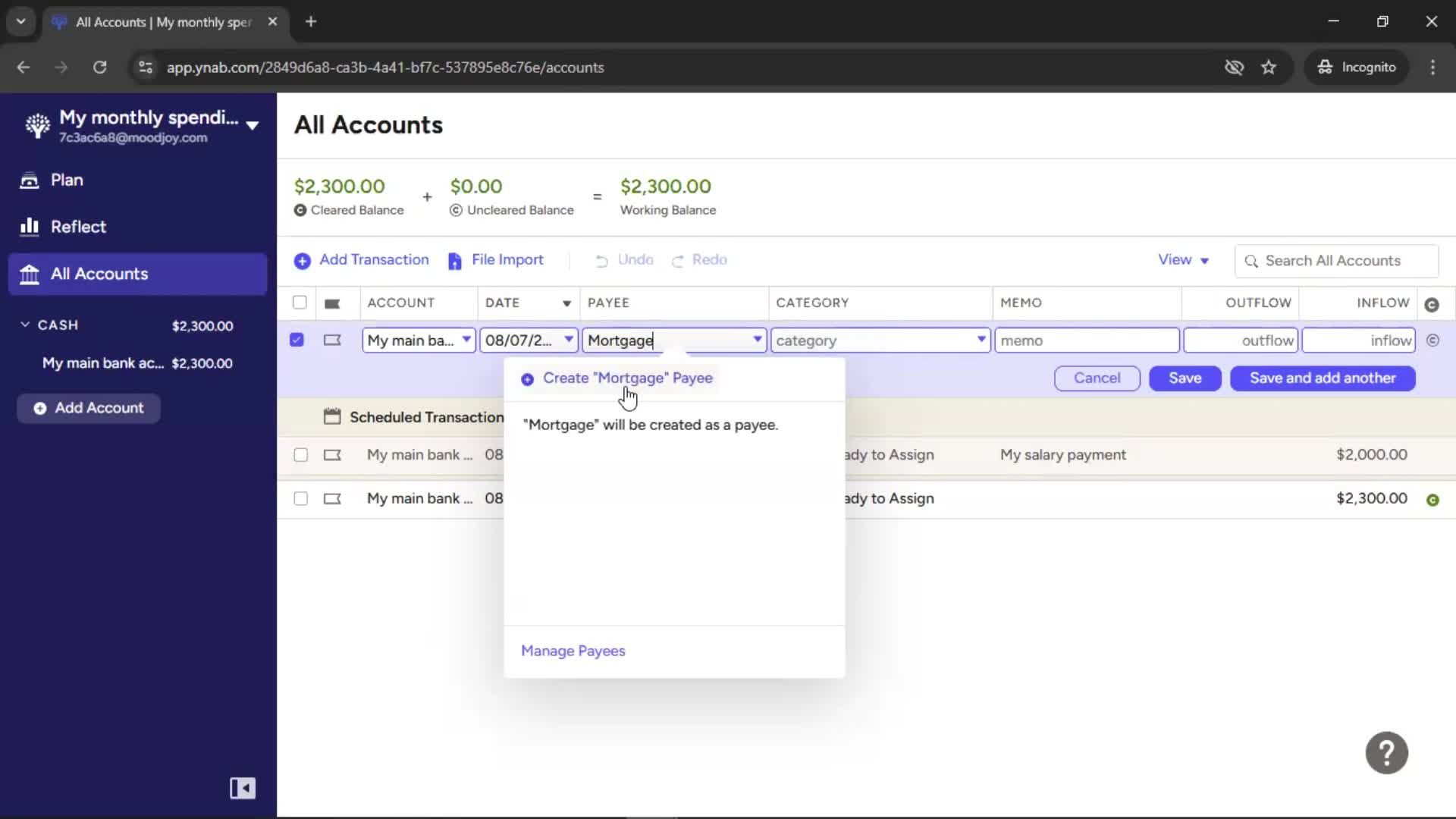 Adding transactions screenshot