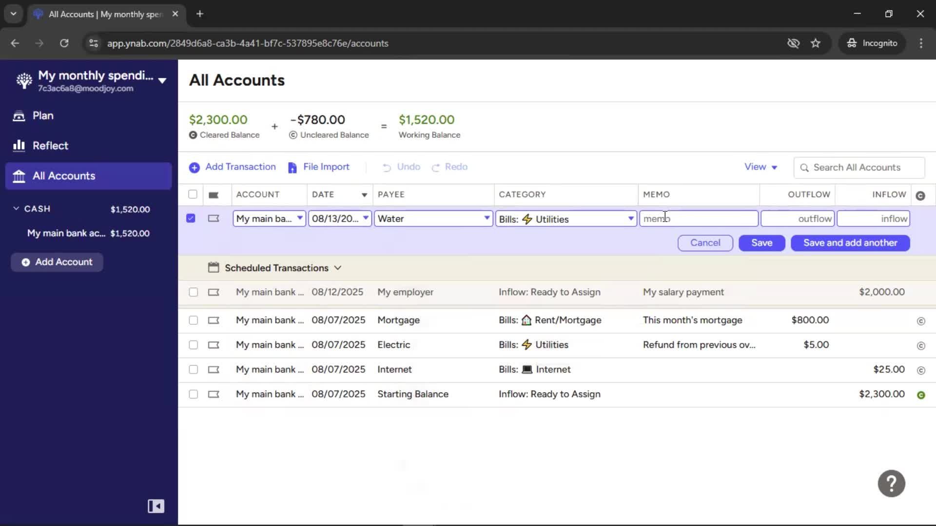 Adding transactions screenshot