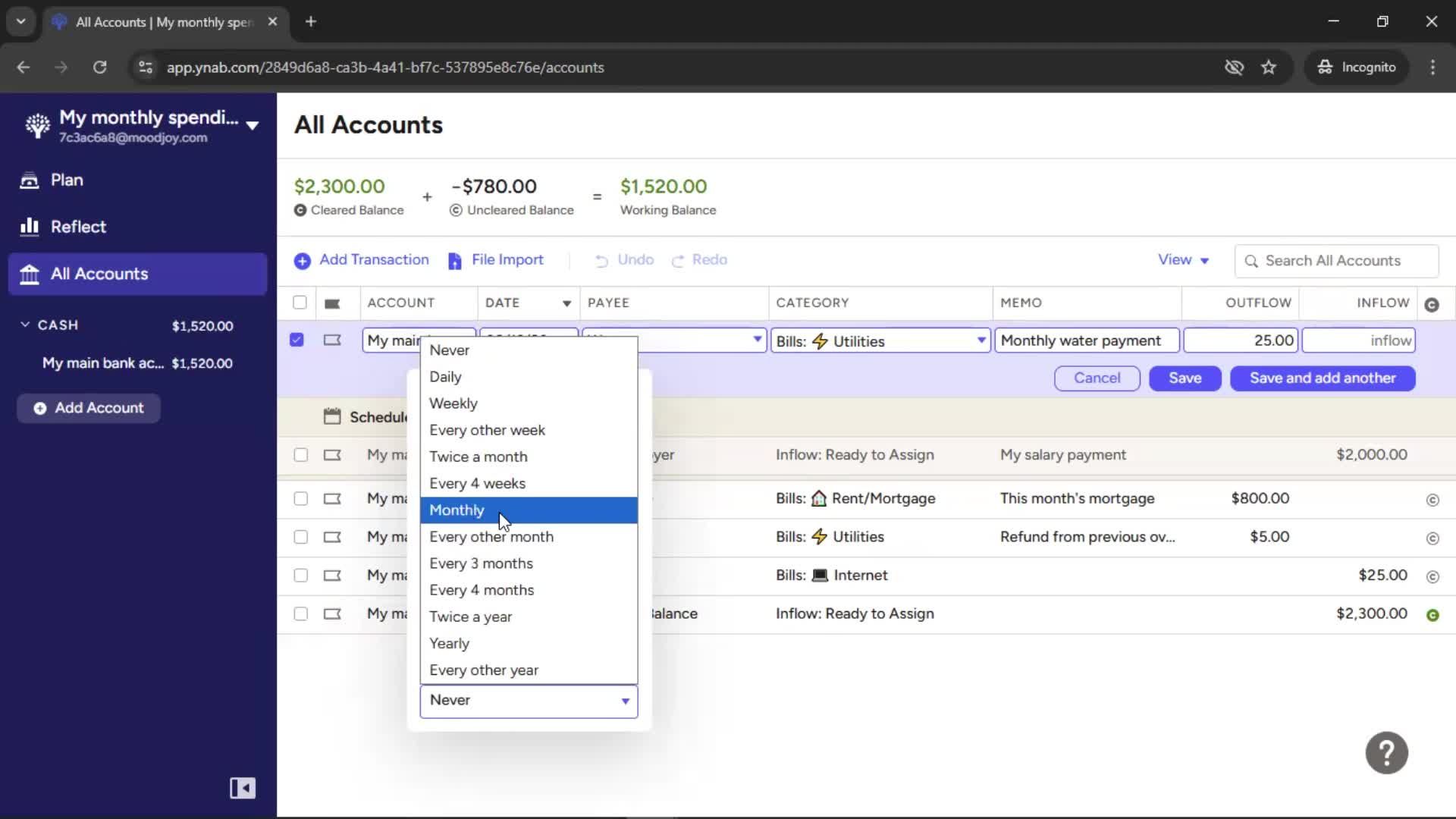 Adding transactions screenshot