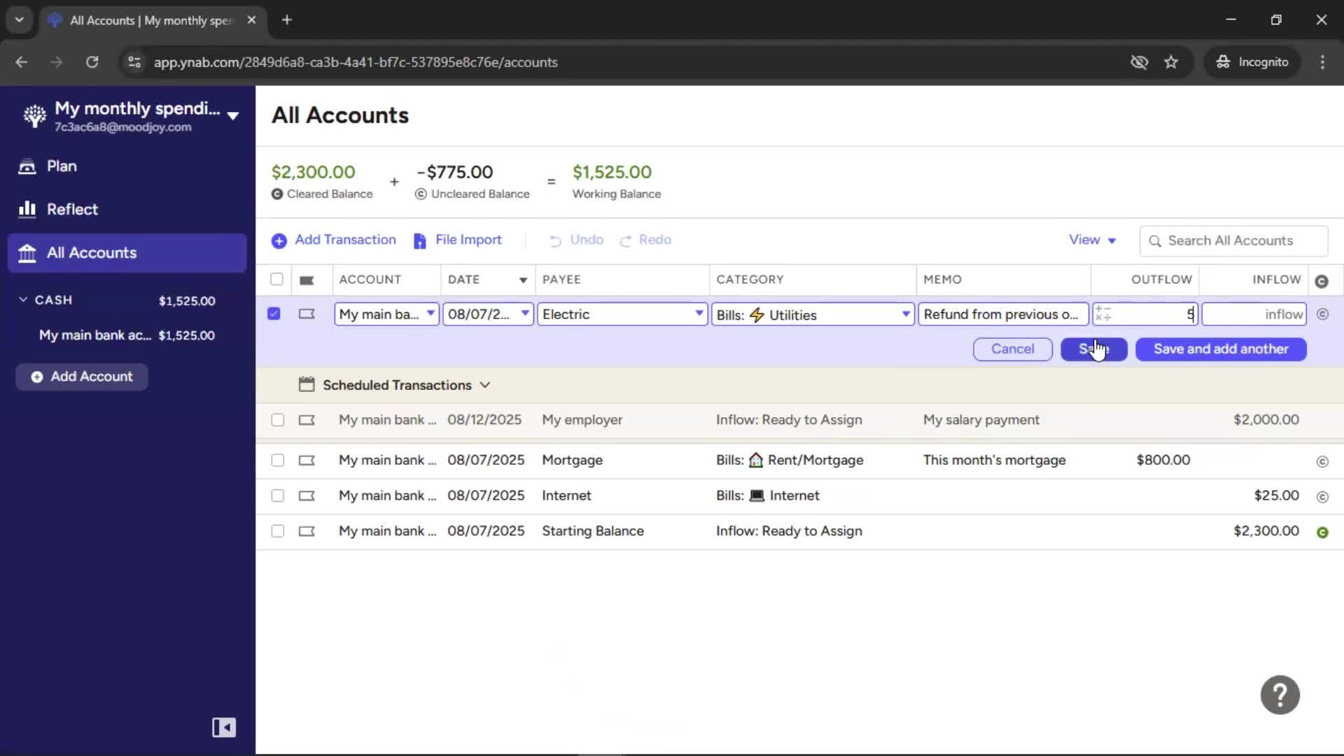 Adding transactions screenshot
