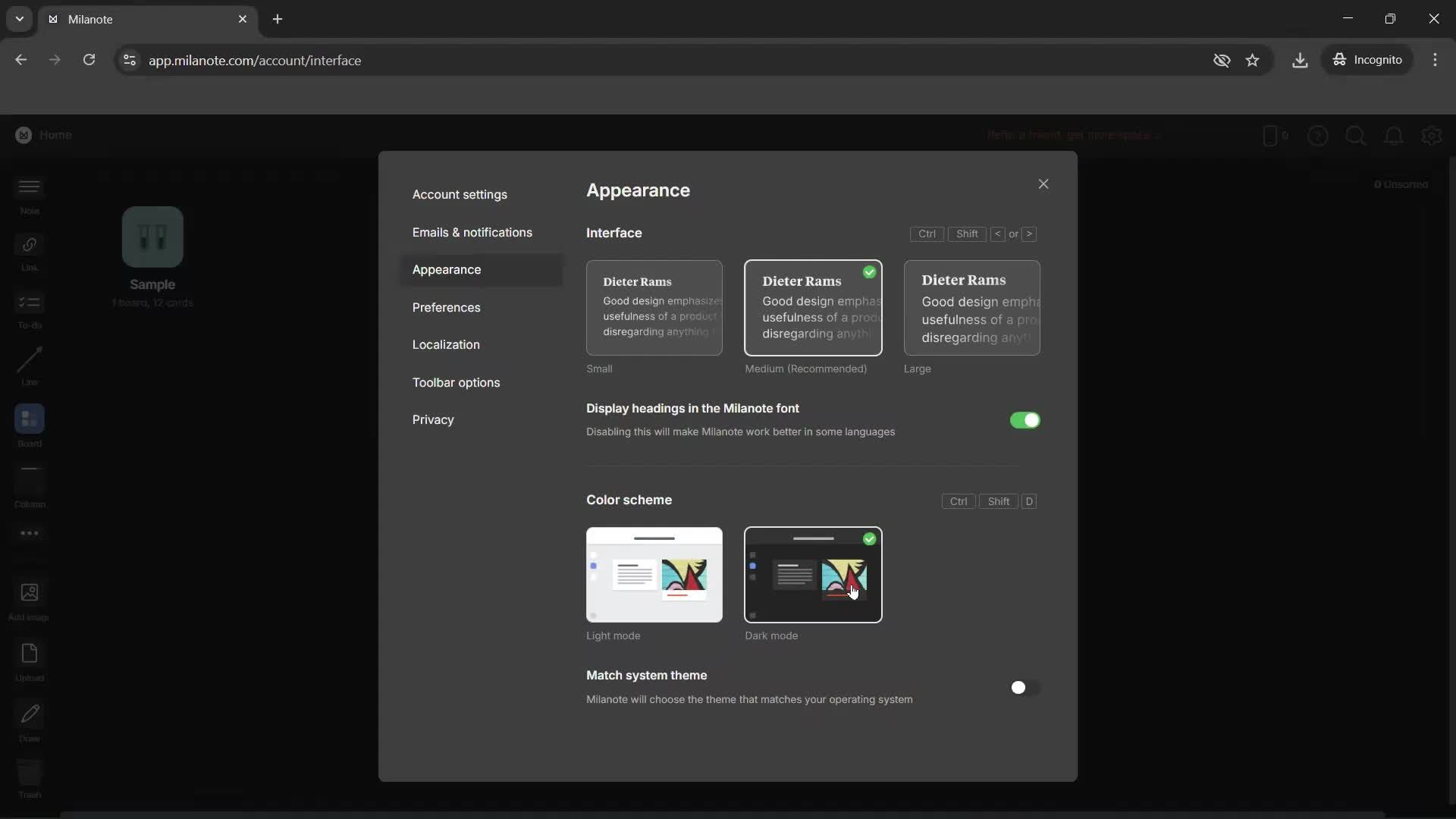 Customizing appearance screenshot