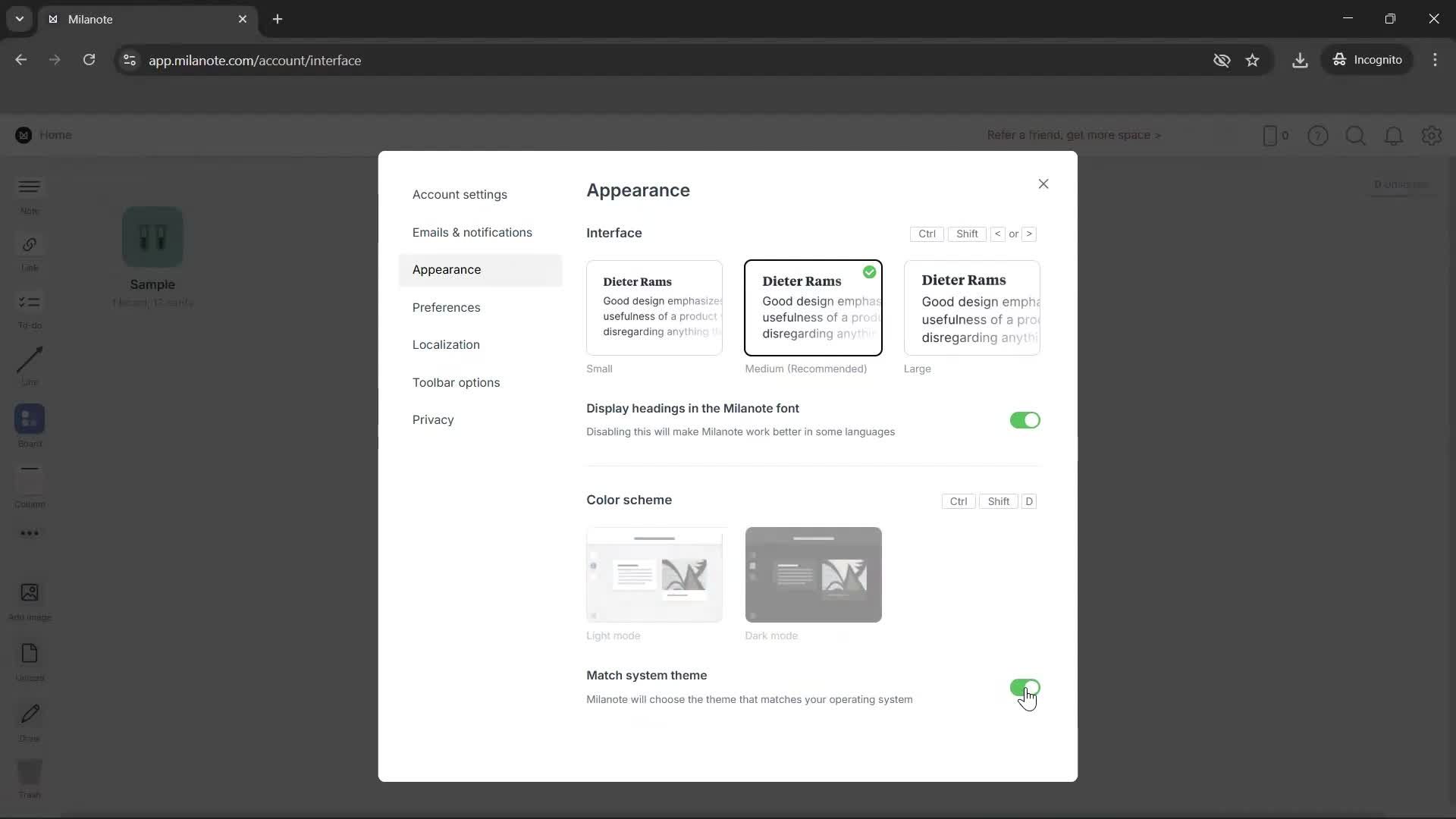 Customizing appearance screenshot
