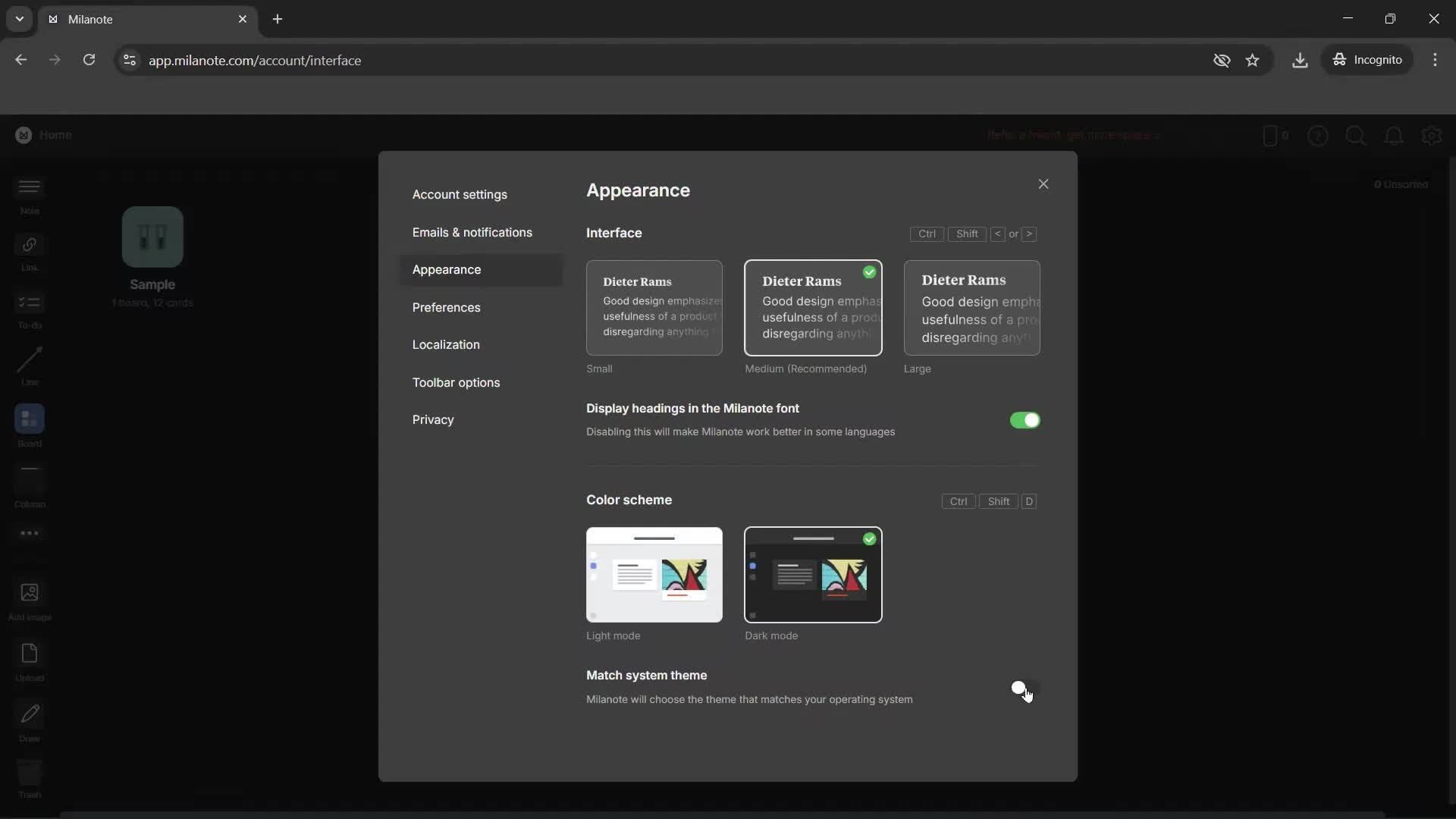 Customizing appearance screenshot