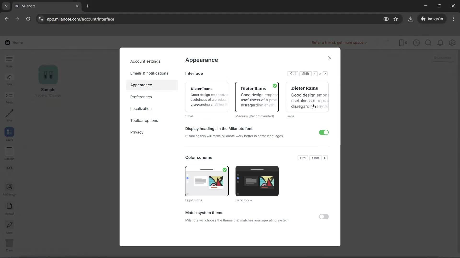 Customizing appearance screenshot