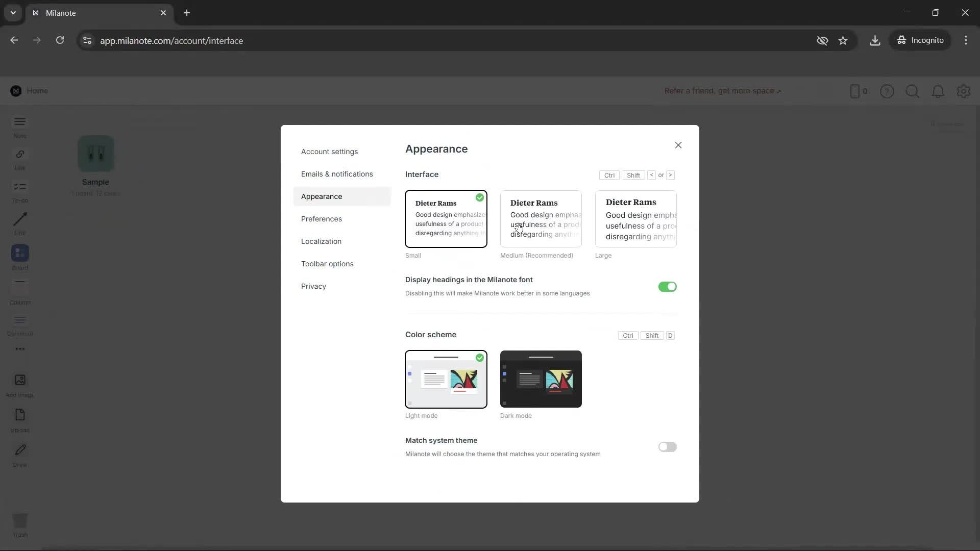 Customizing appearance screenshot