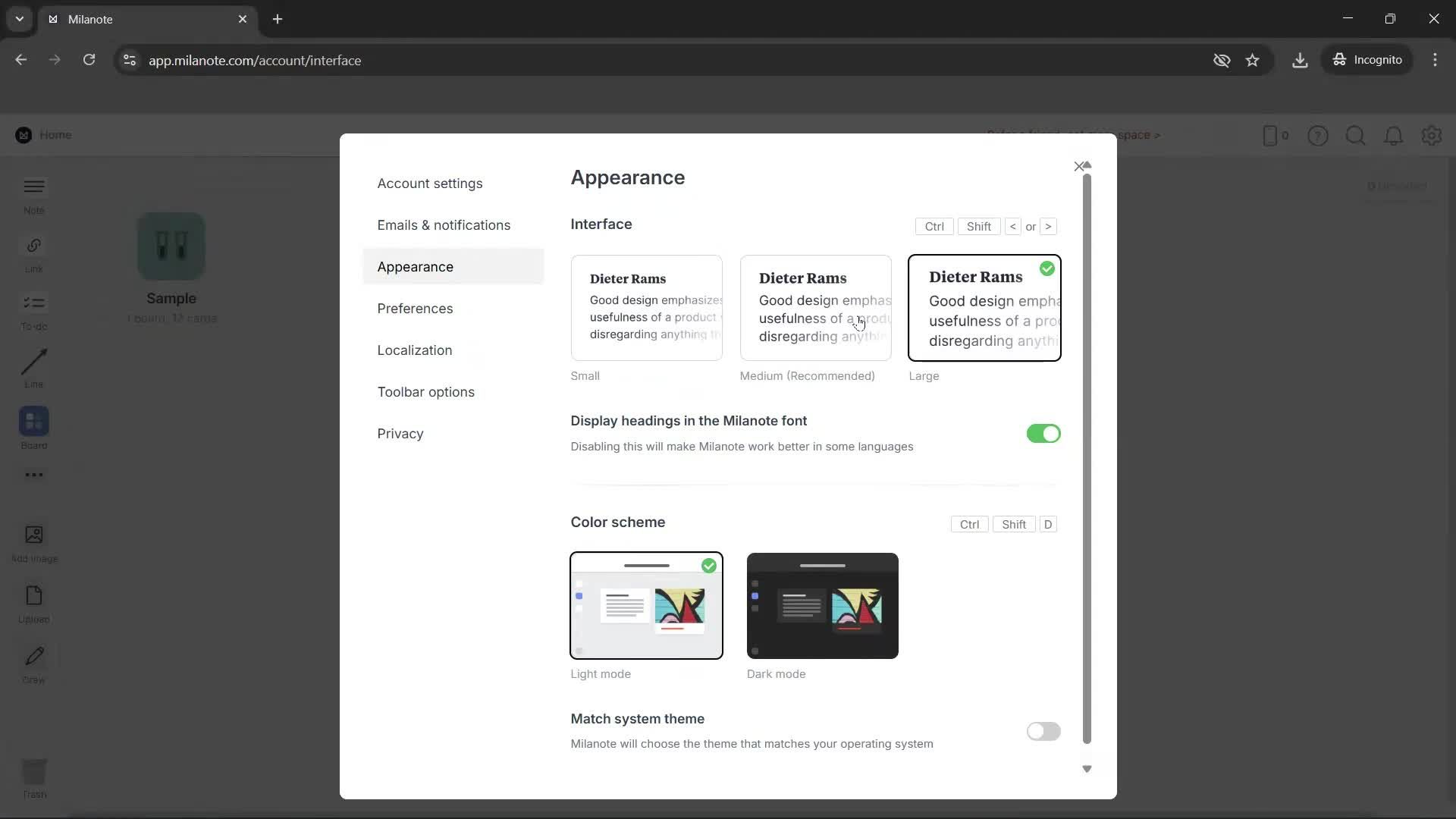 Customizing appearance screenshot