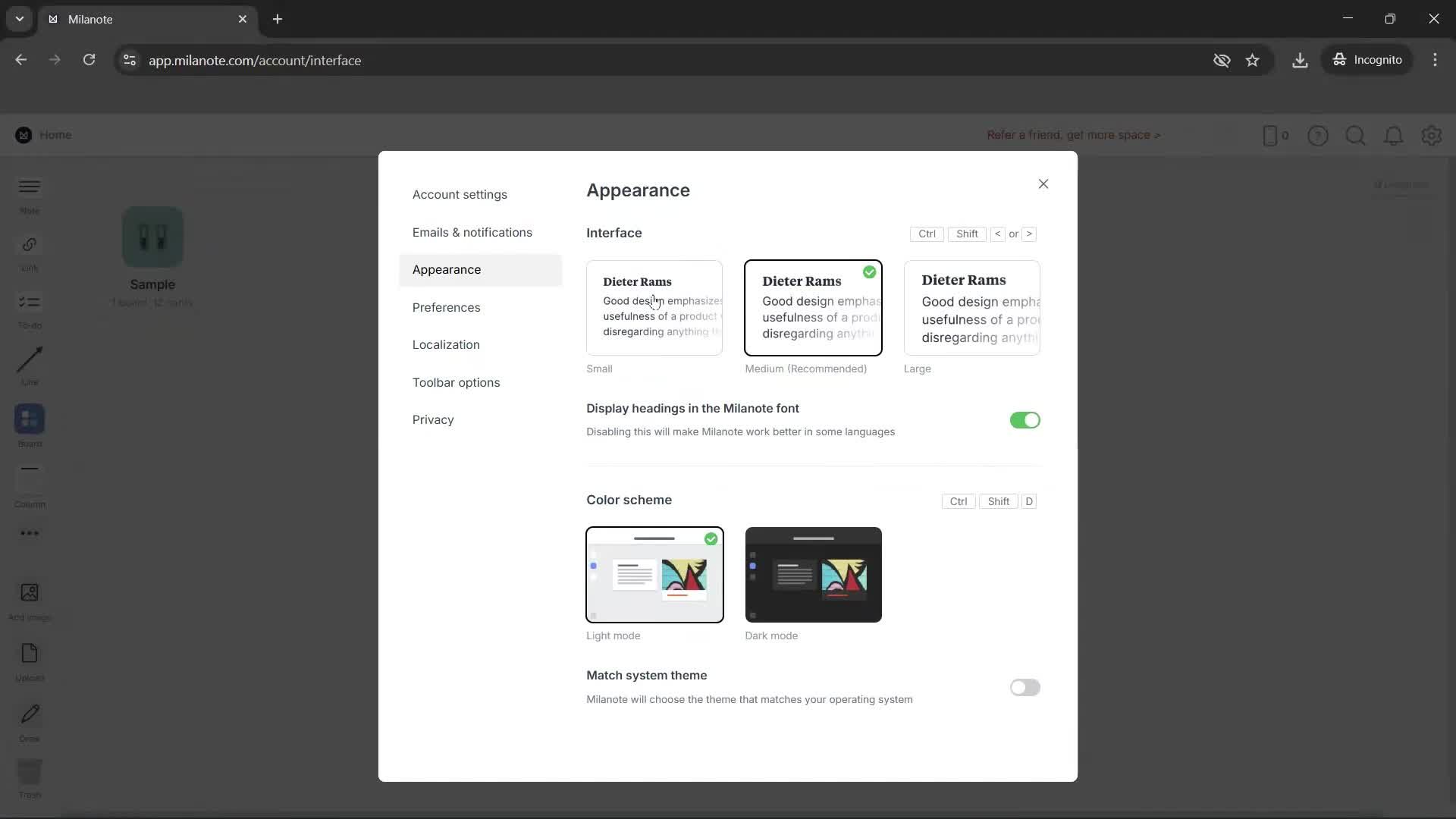 Customizing appearance screenshot