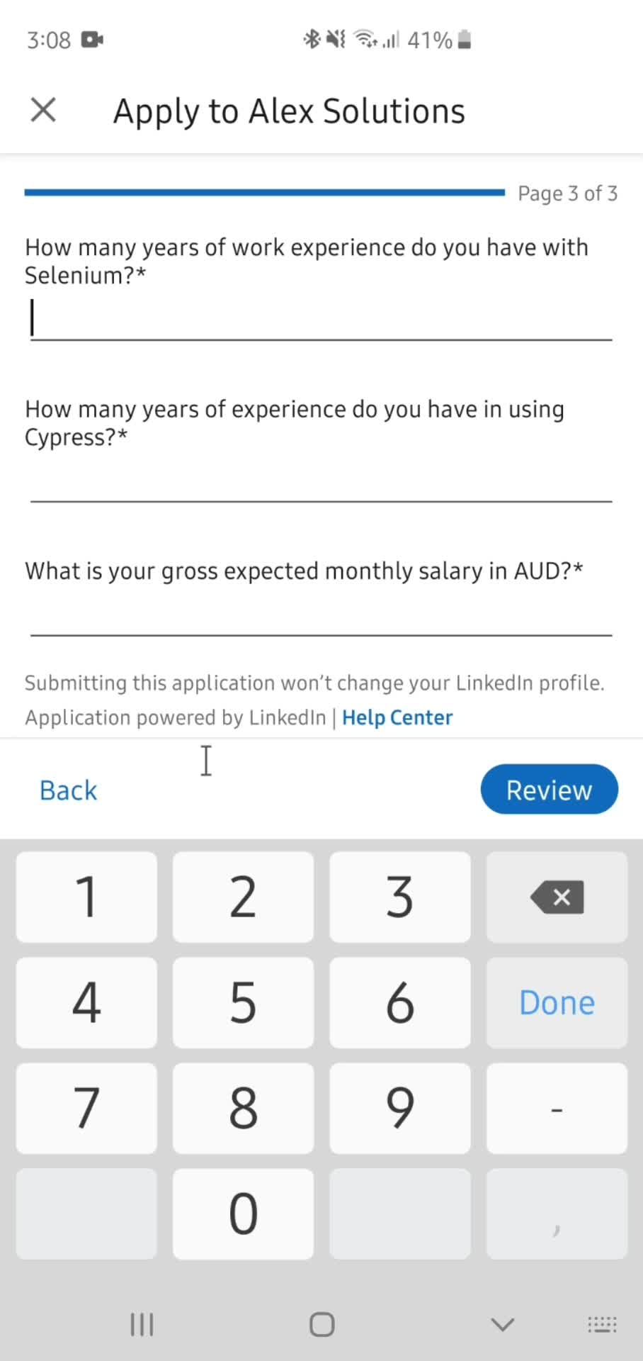 Applying for a job screenshot