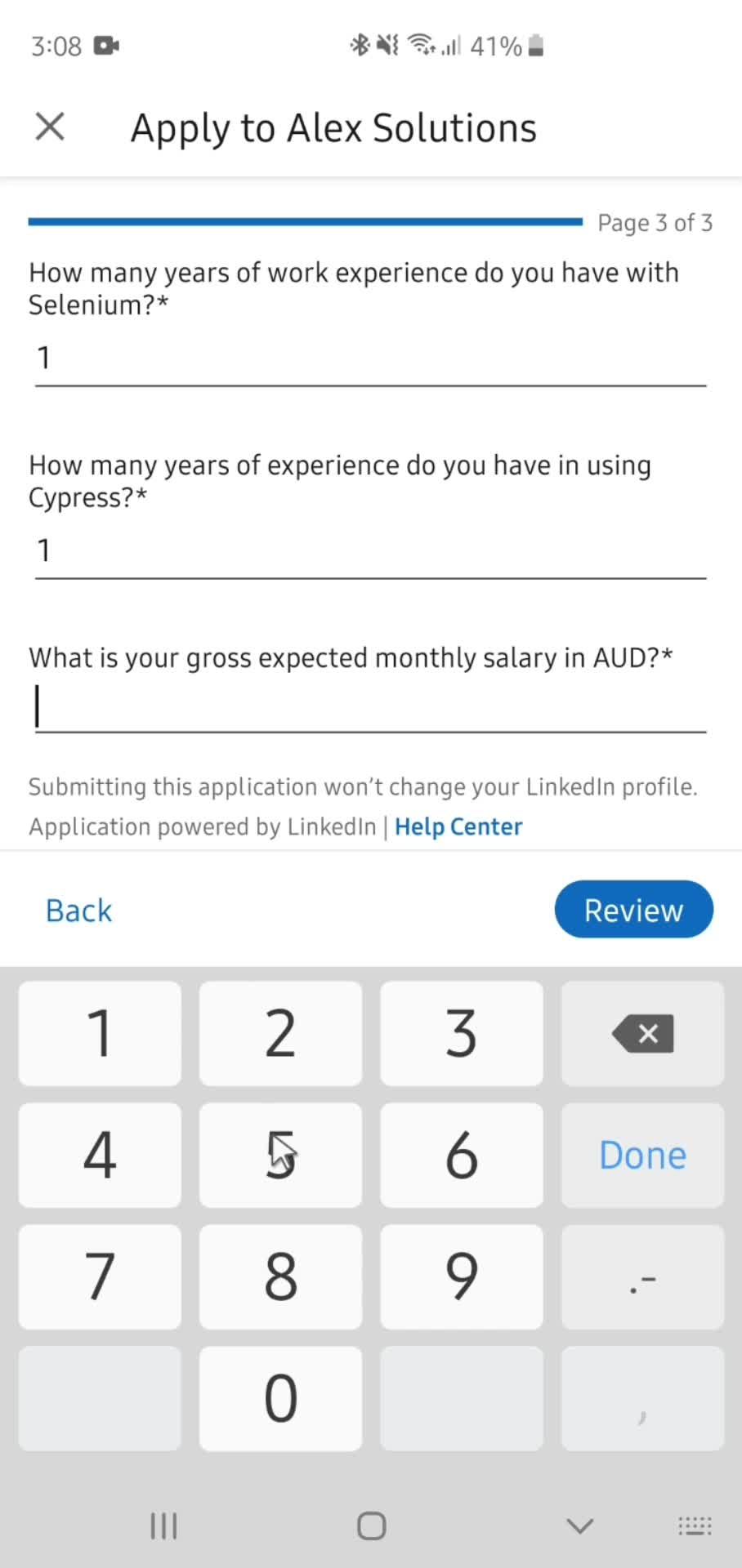 Applying for a job screenshot