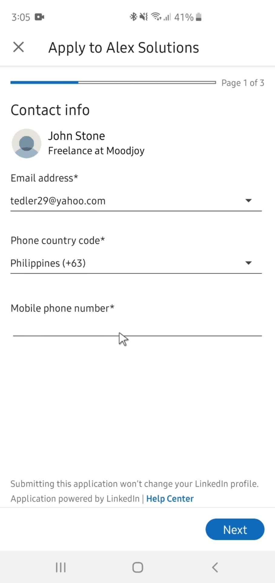 Applying for a job screenshot