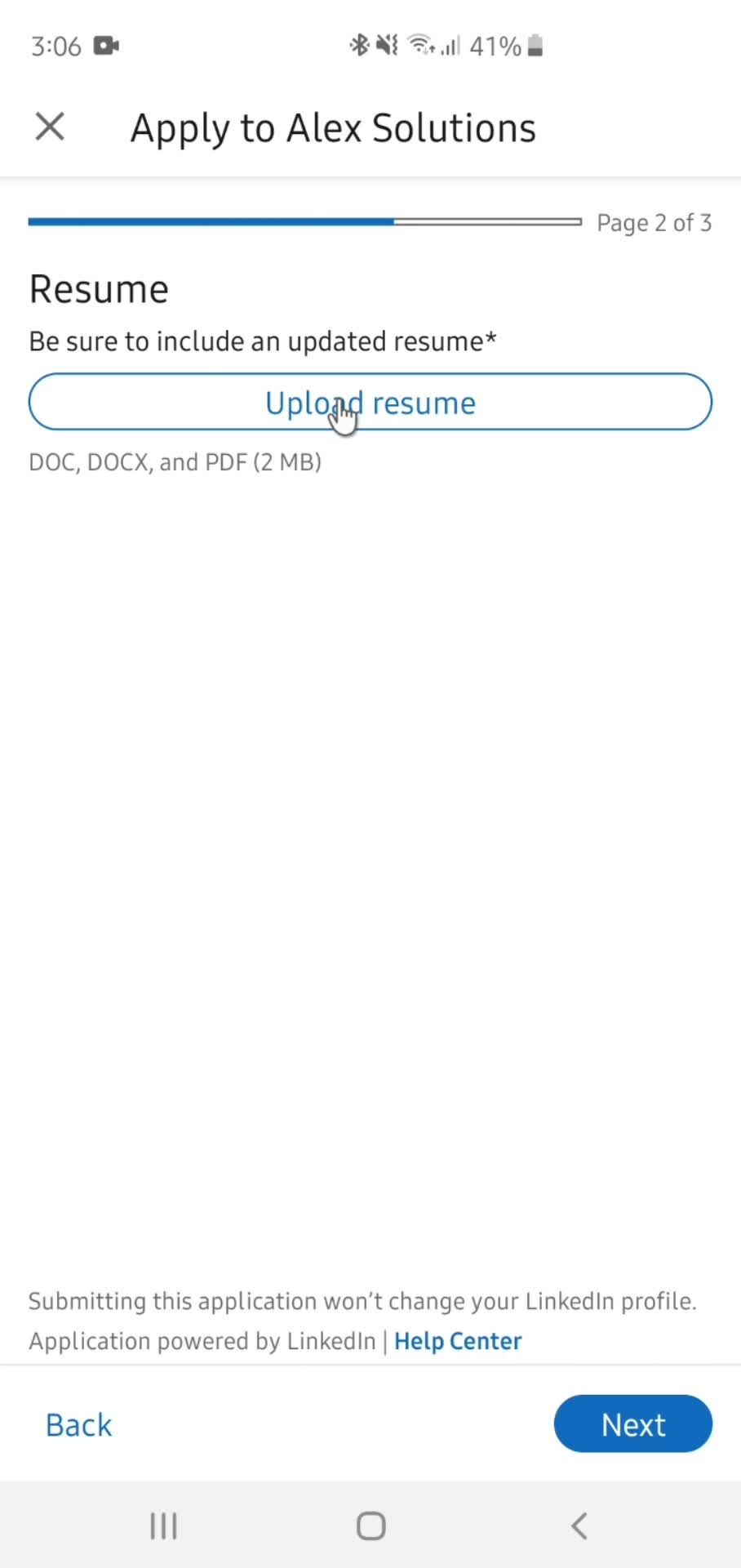 Applying for a job screenshot