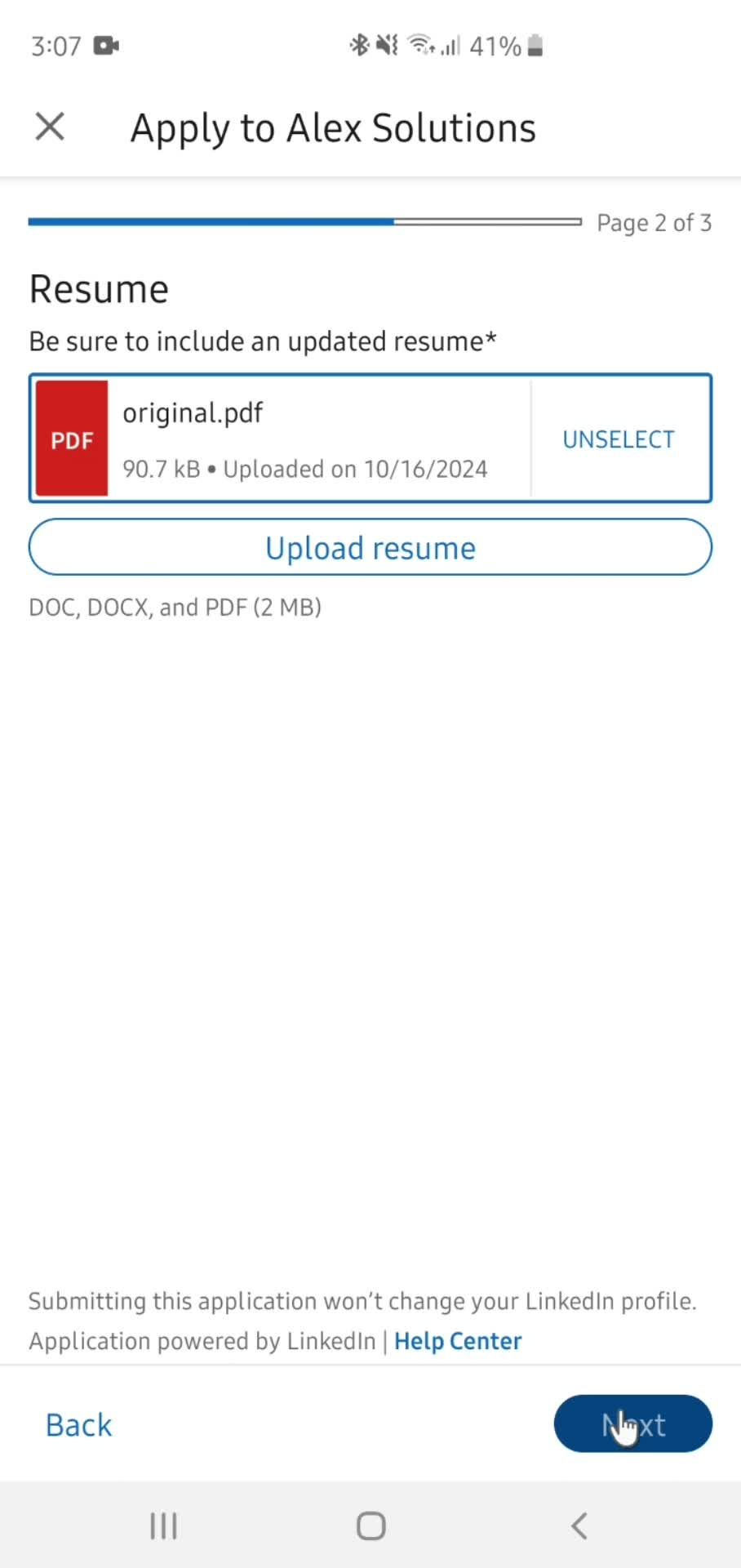 Applying for a job screenshot