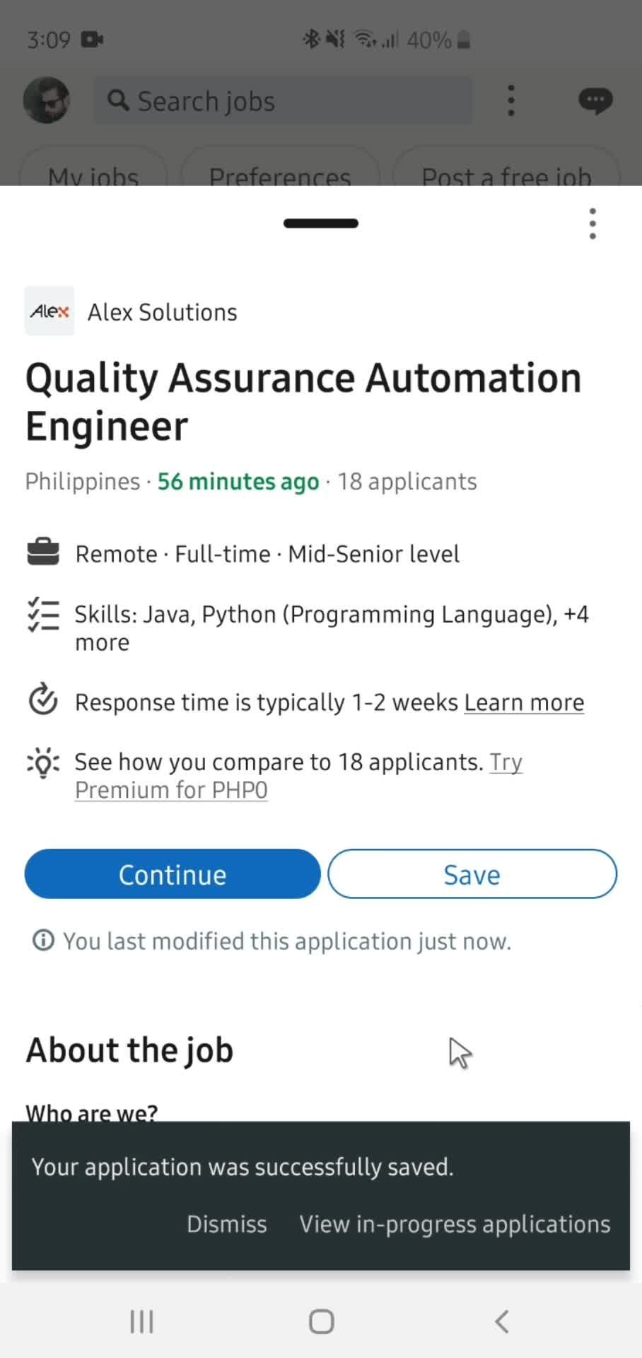 Applying for a job screenshot