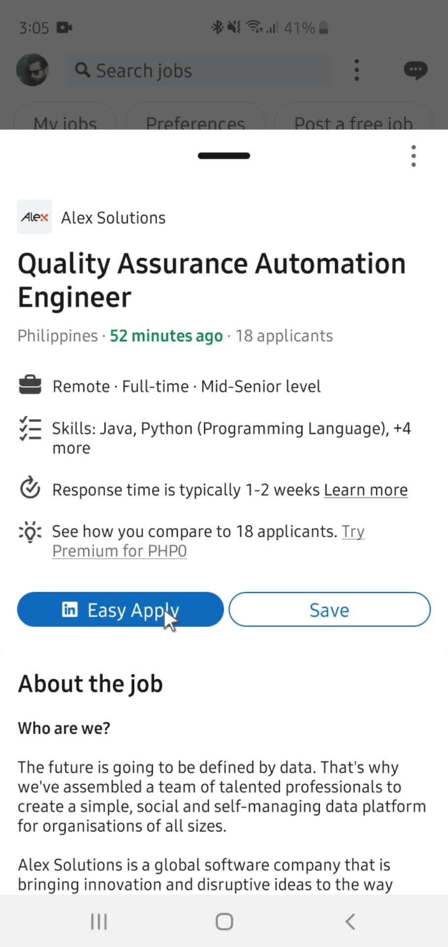 Applying for a job screenshot