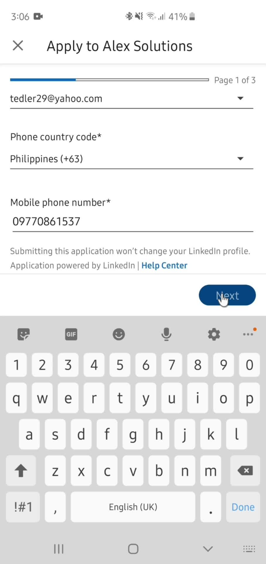 Applying for a job screenshot