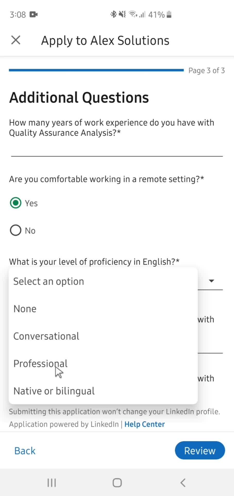 Applying for a job screenshot
