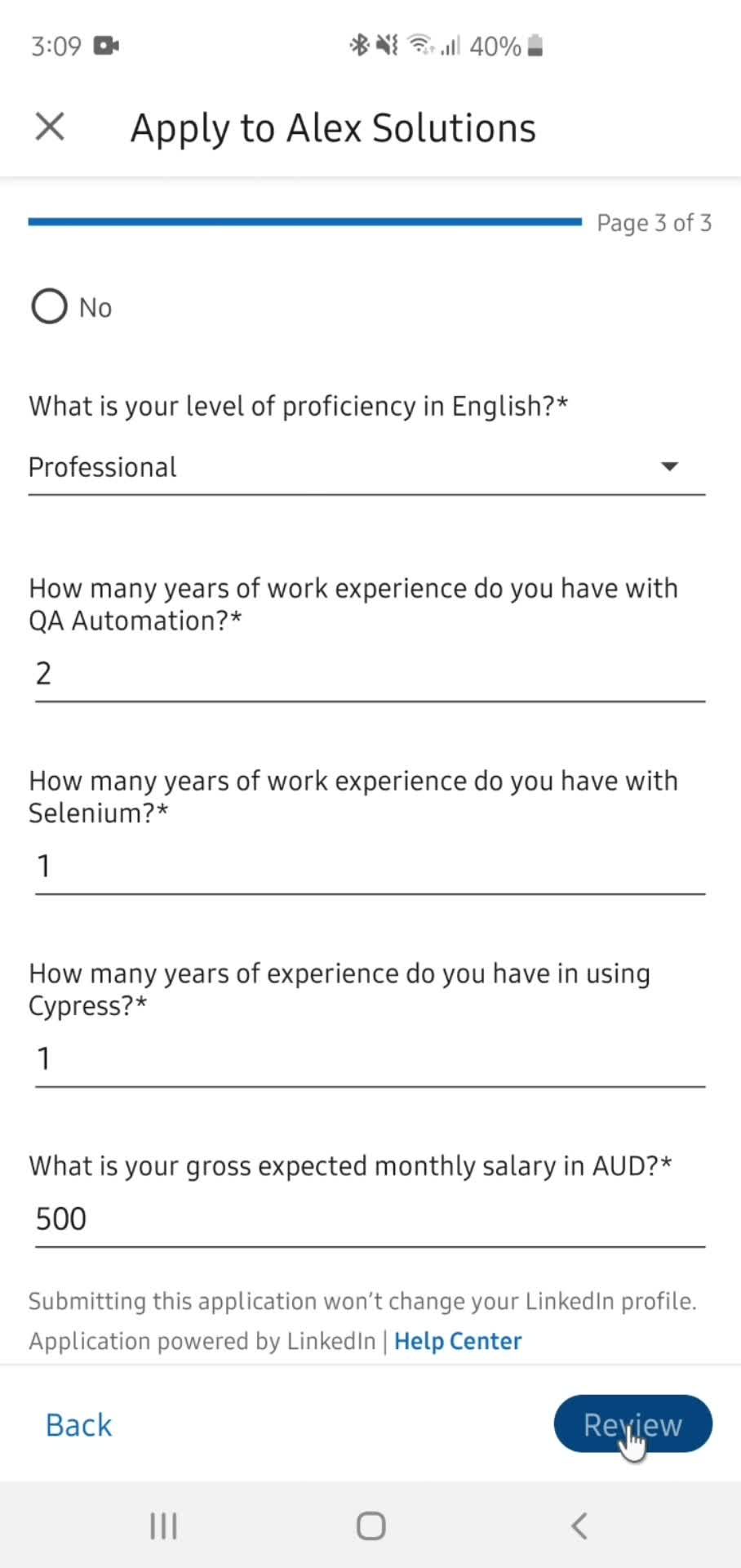 Applying for a job screenshot