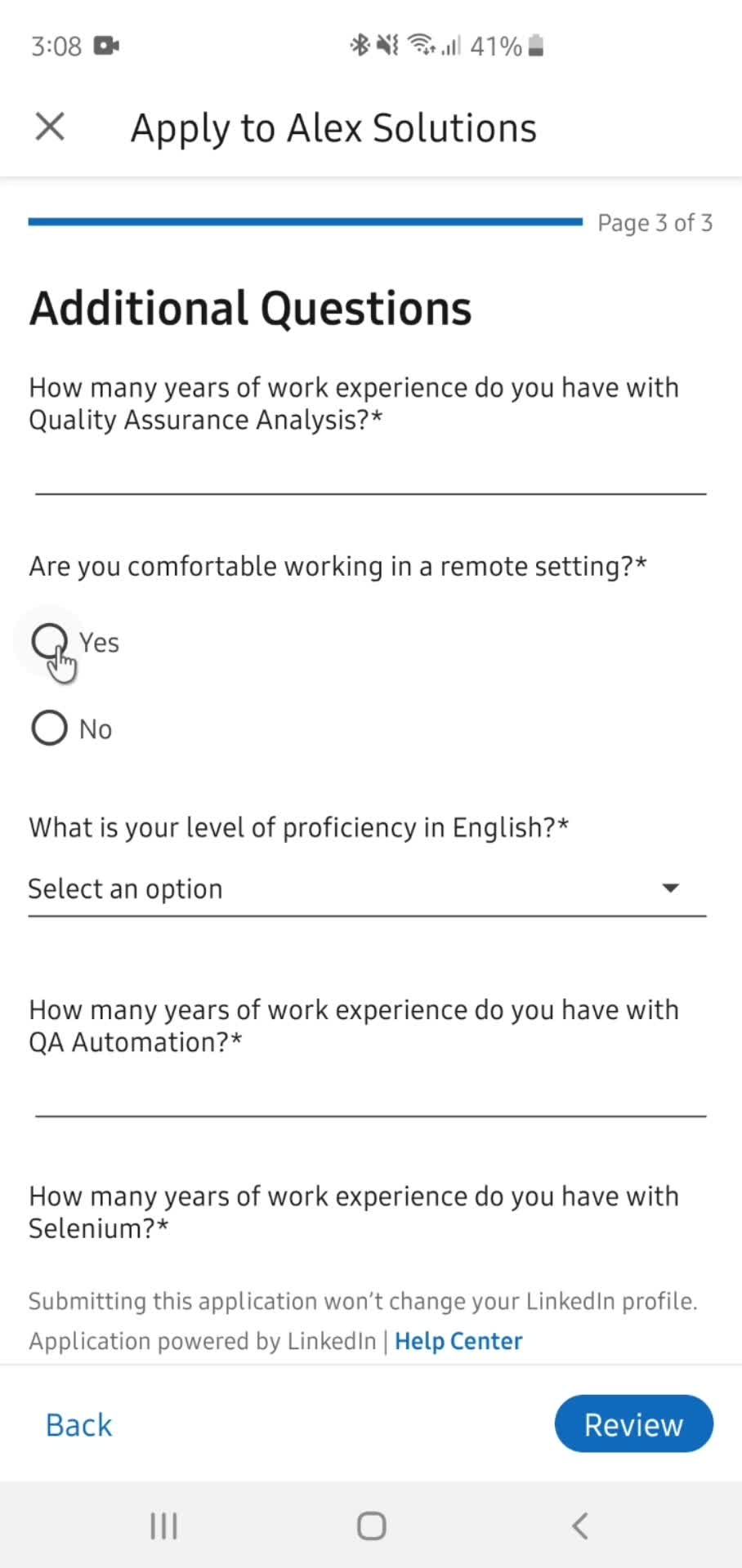 Applying for a job screenshot