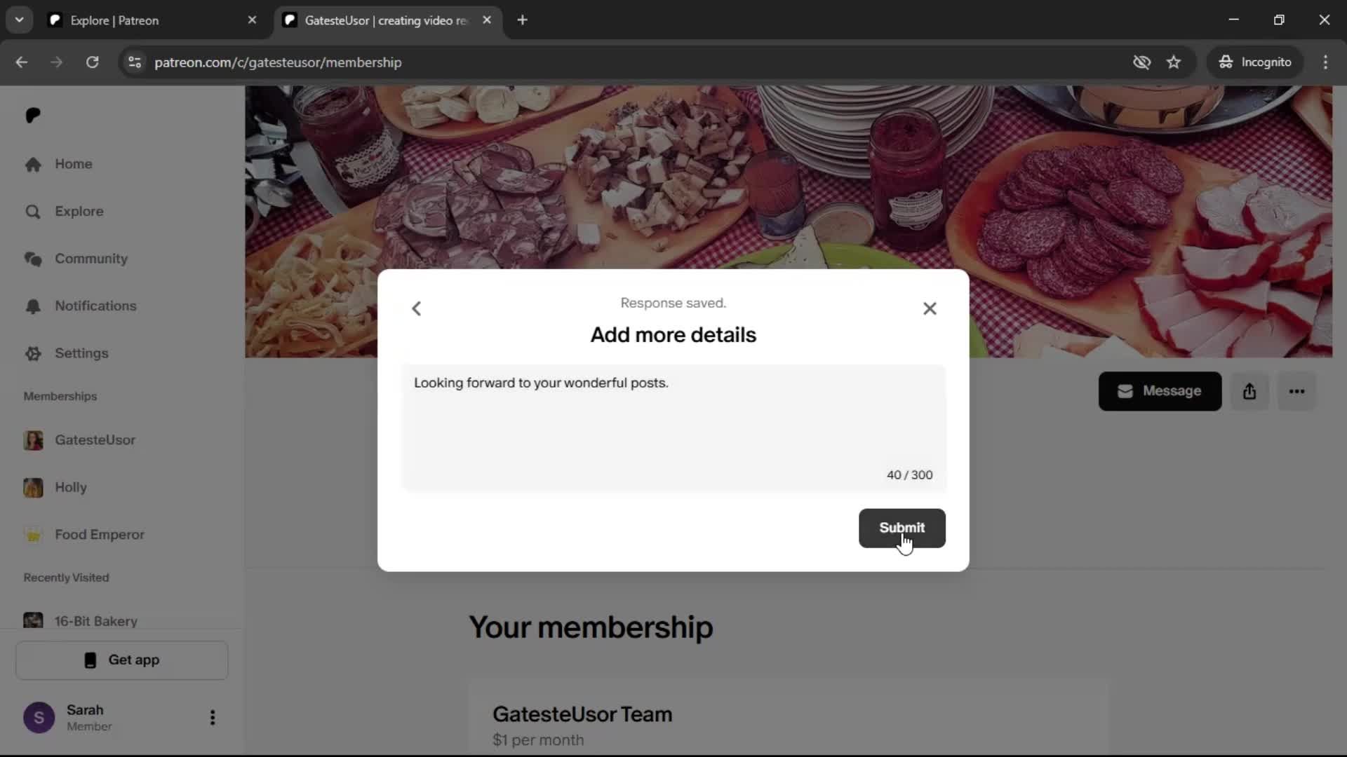 Backing a project screenshot