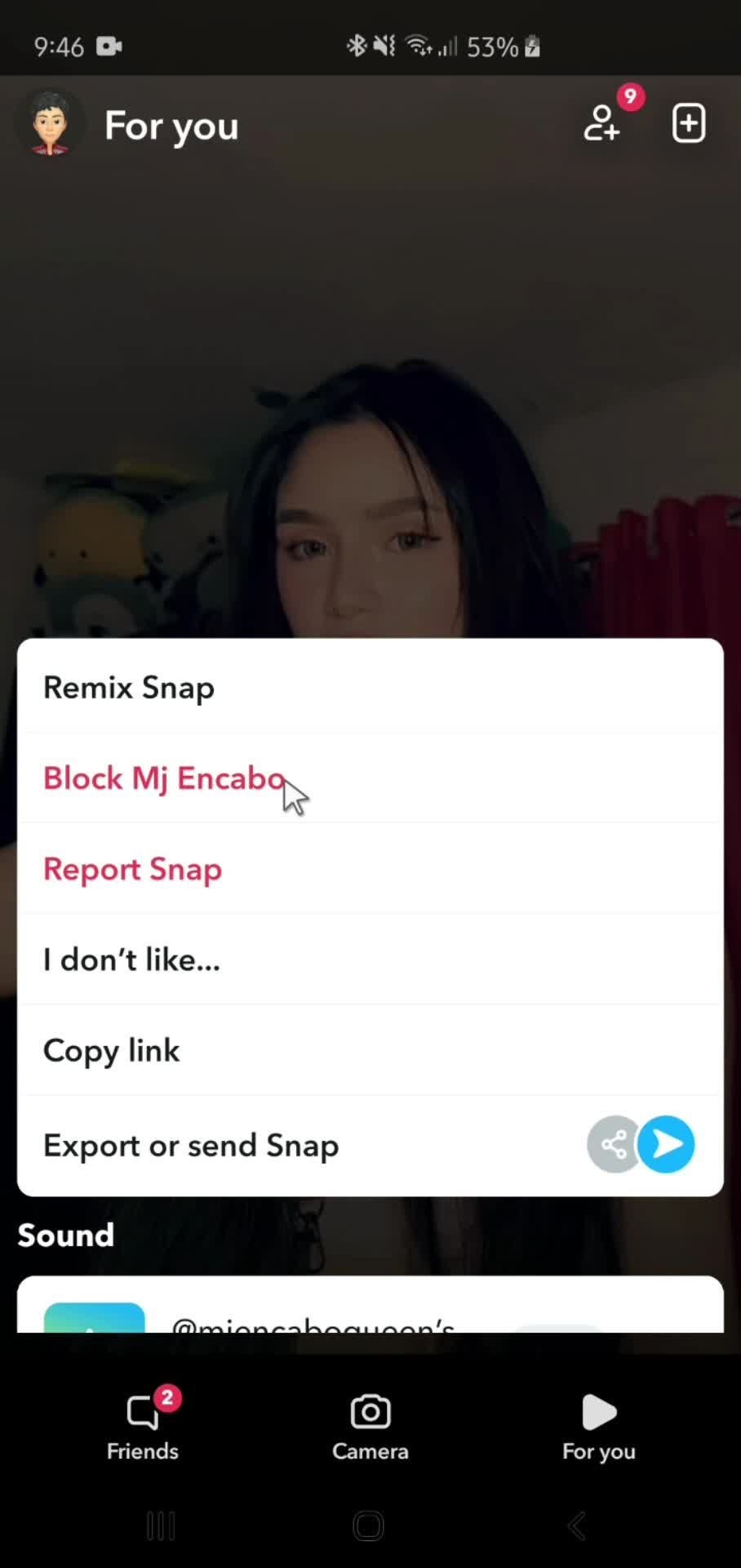 Blocking a user on Snapchat video thumbnail