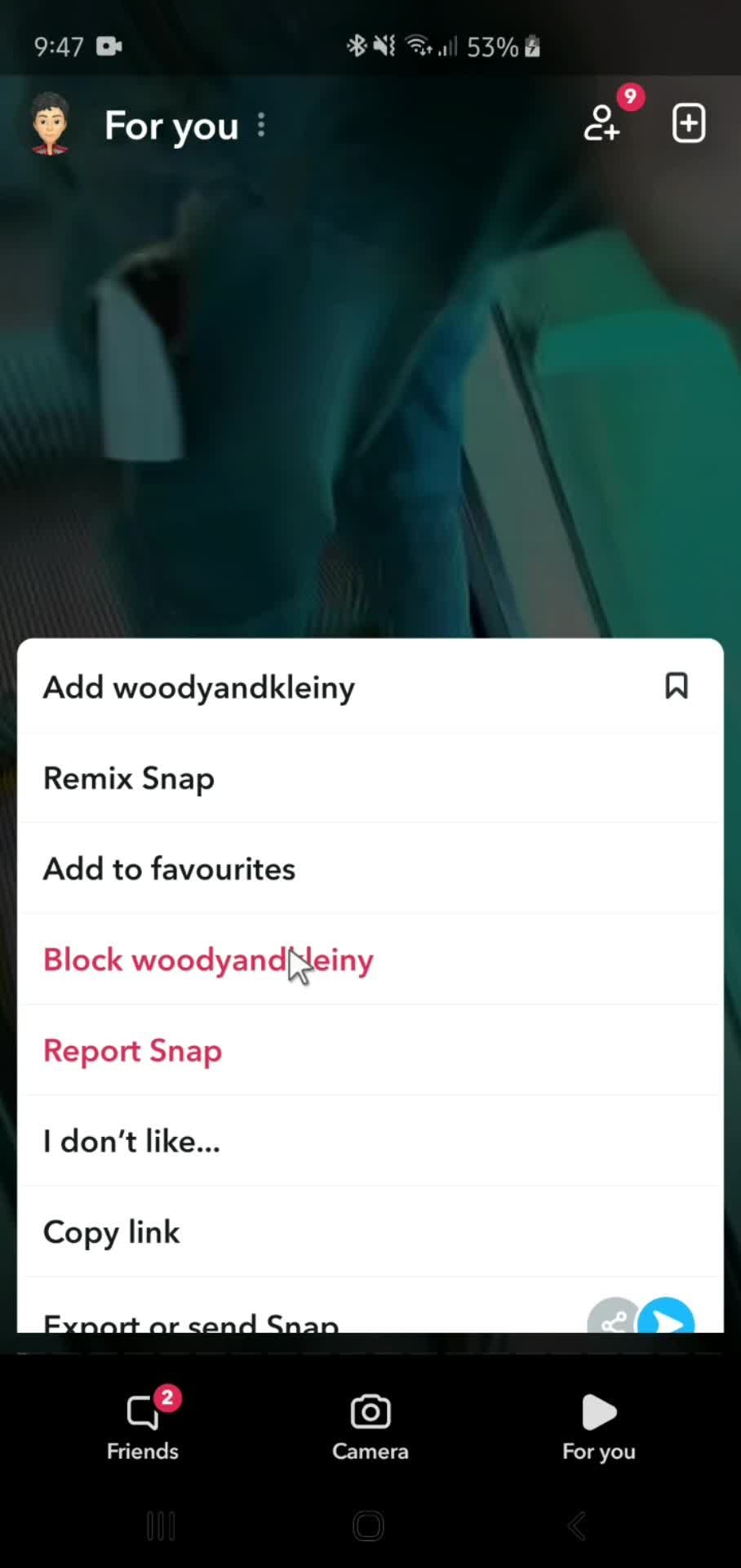 Blocking a user on Snapchat video thumbnail